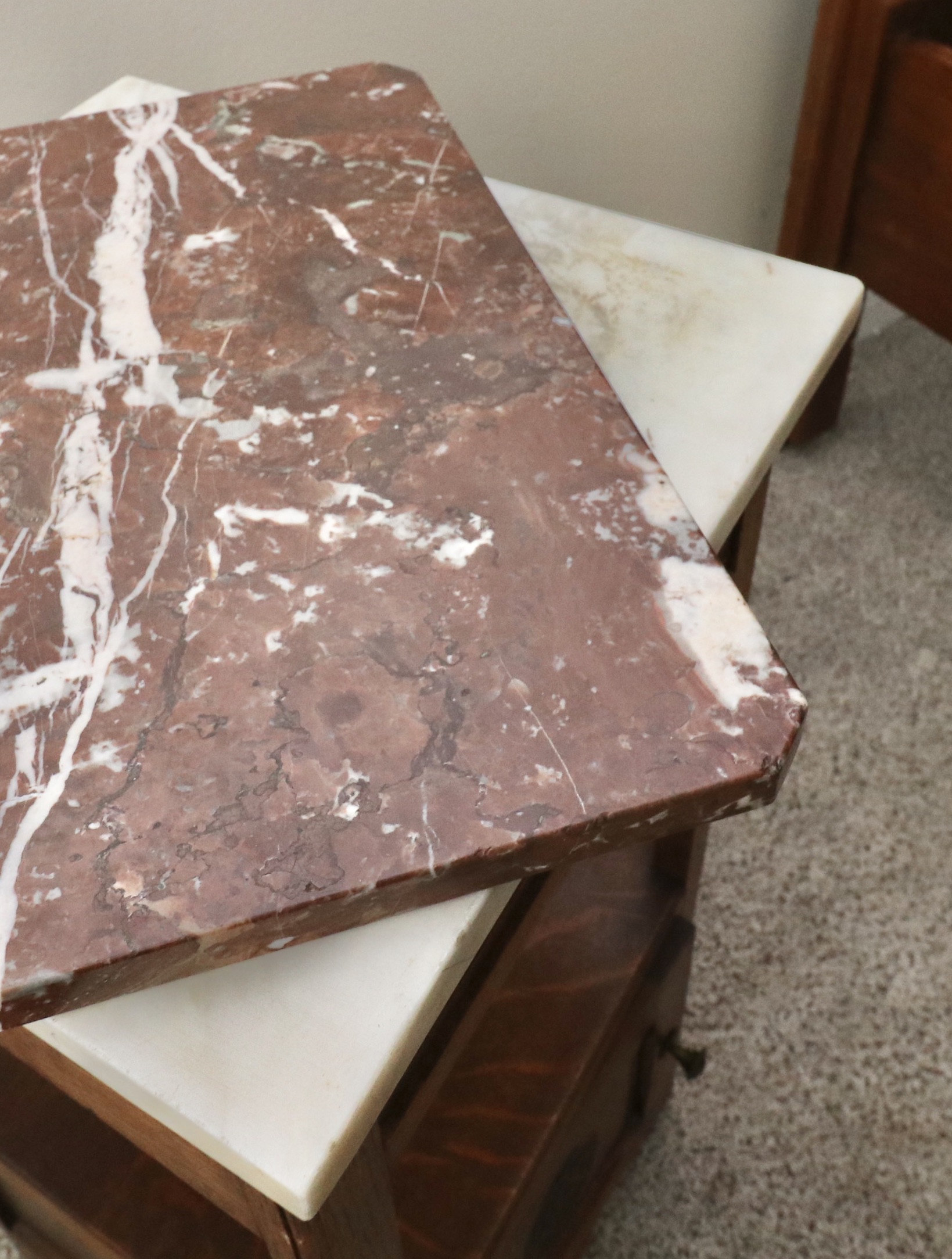 Late Victorian Walnut Queen Bed, Oak and Marble Side Table, Late 19th Century