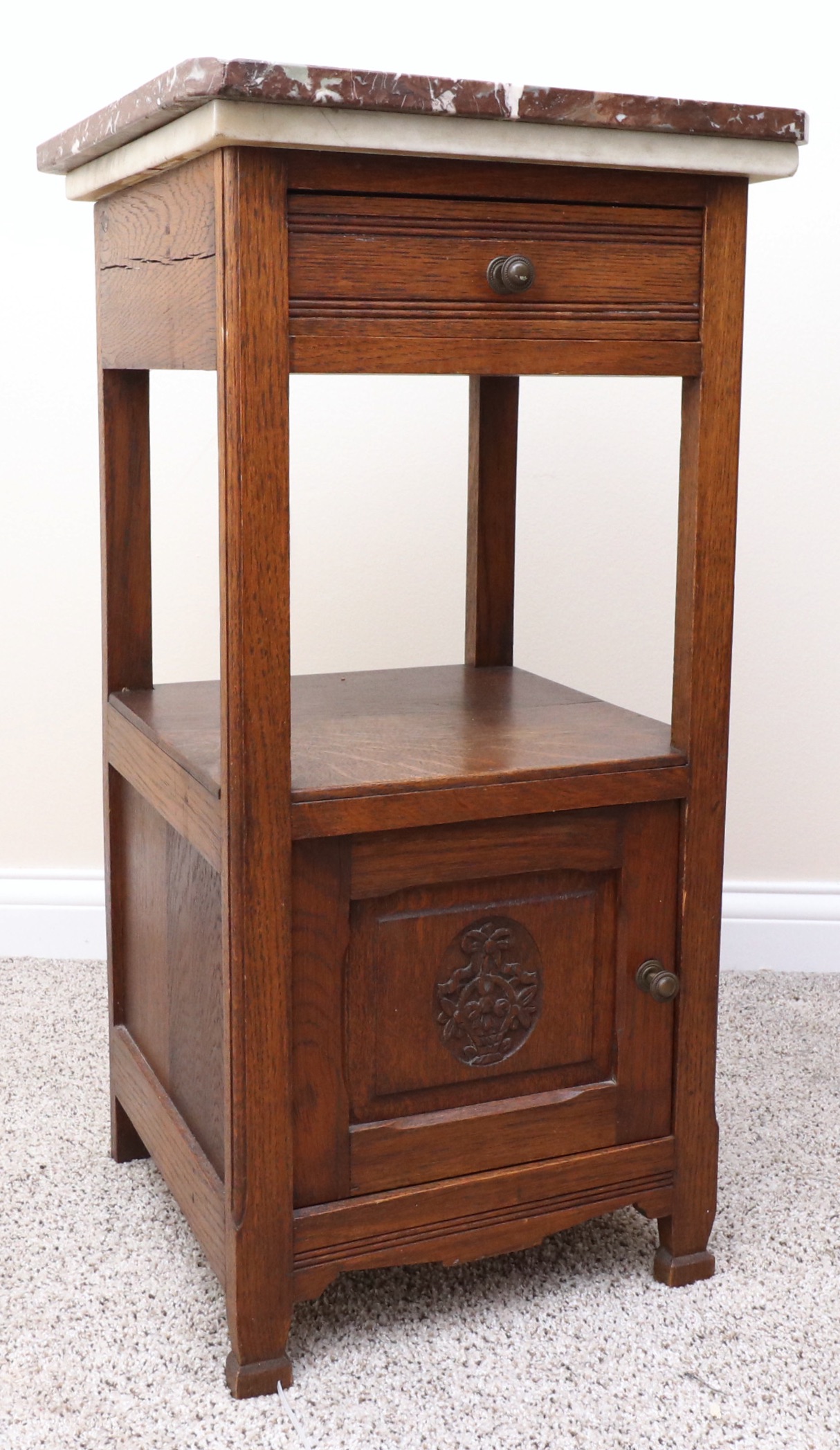 Late Victorian Walnut Queen Bed, Oak and Marble Side Table, Late 19th Century