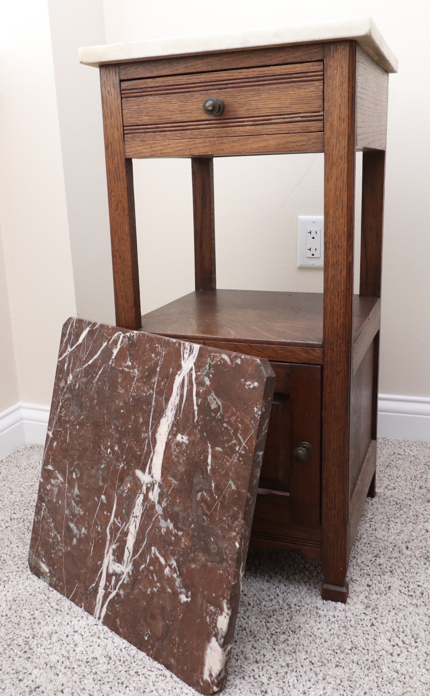 Late Victorian Walnut Queen Bed, Oak and Marble Side Table, Late 19th Century