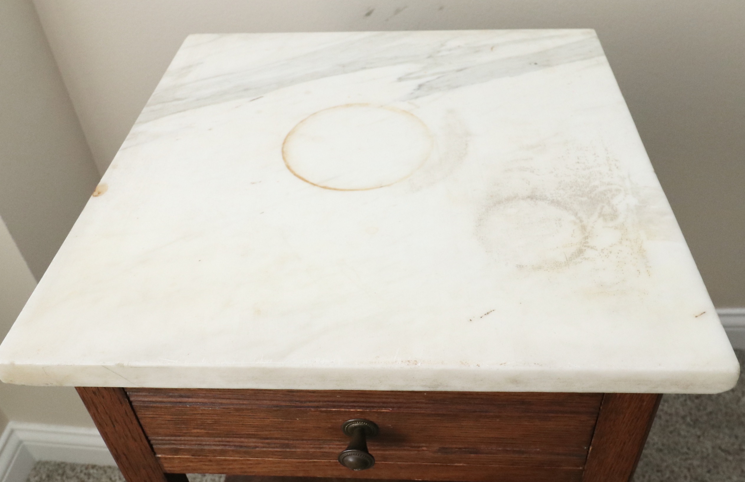 Late Victorian Walnut Queen Bed, Oak and Marble Side Table, Late 19th Century