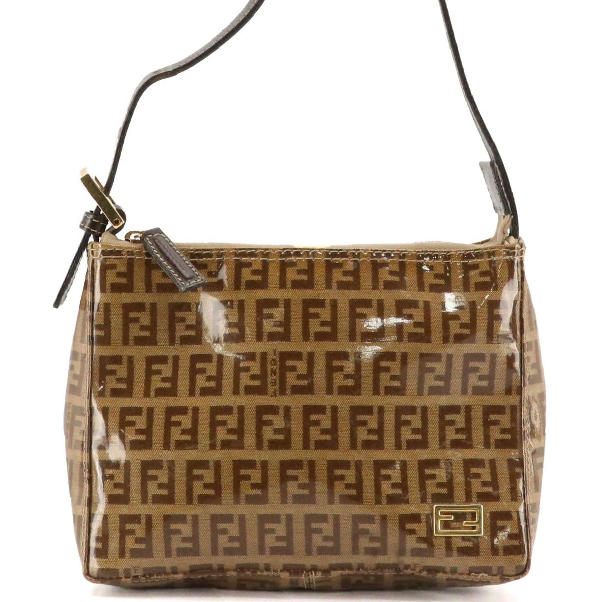 Fendi Small Zippered Handbag in PVC Coated Zucchino Canvas & Brown Leather Trim