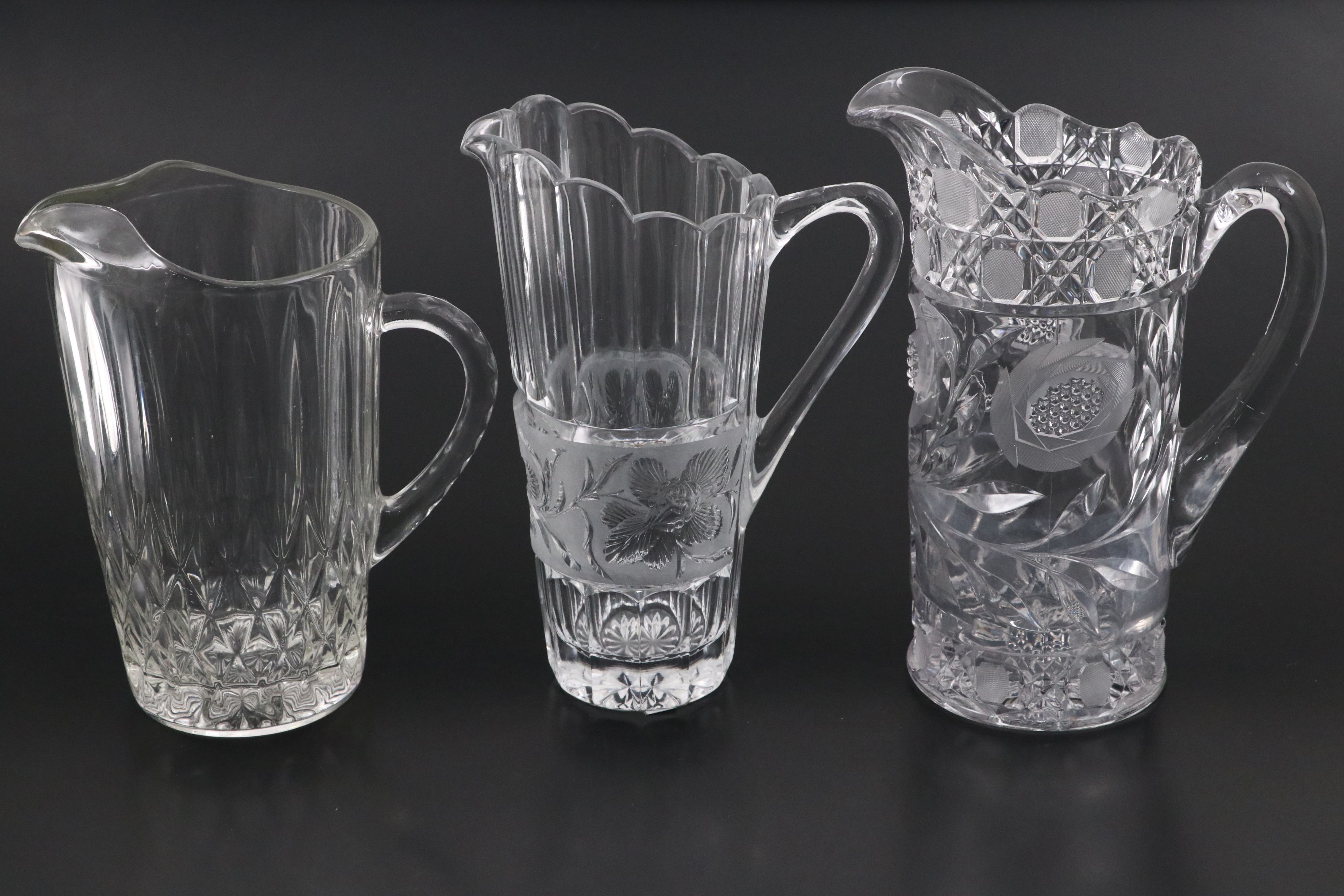 Cambridge "Wild Rose" with American Brilliant Style and Other Glass Pitchers