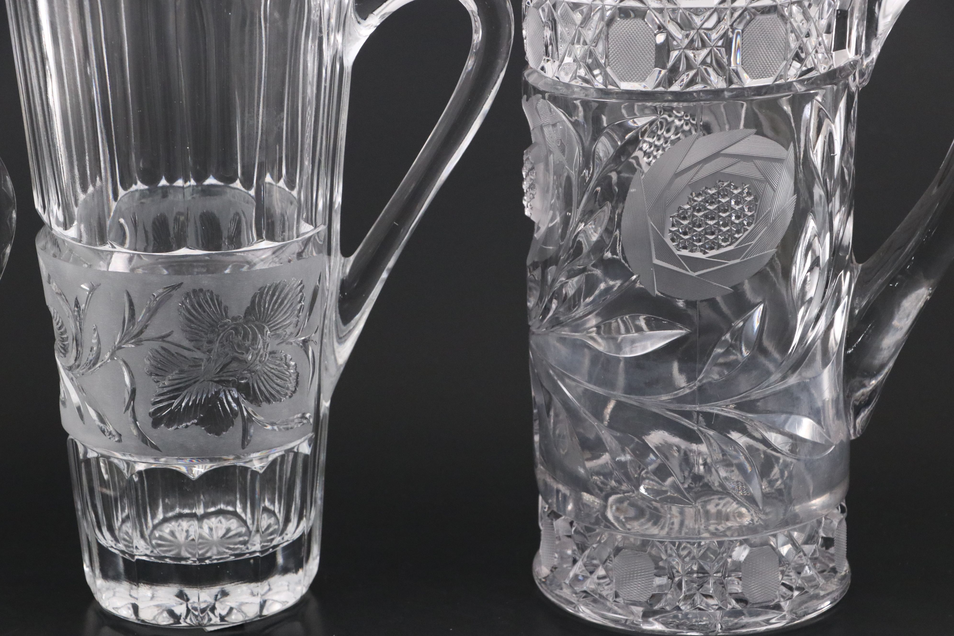 Cambridge "Wild Rose" with American Brilliant Style and Other Glass Pitchers