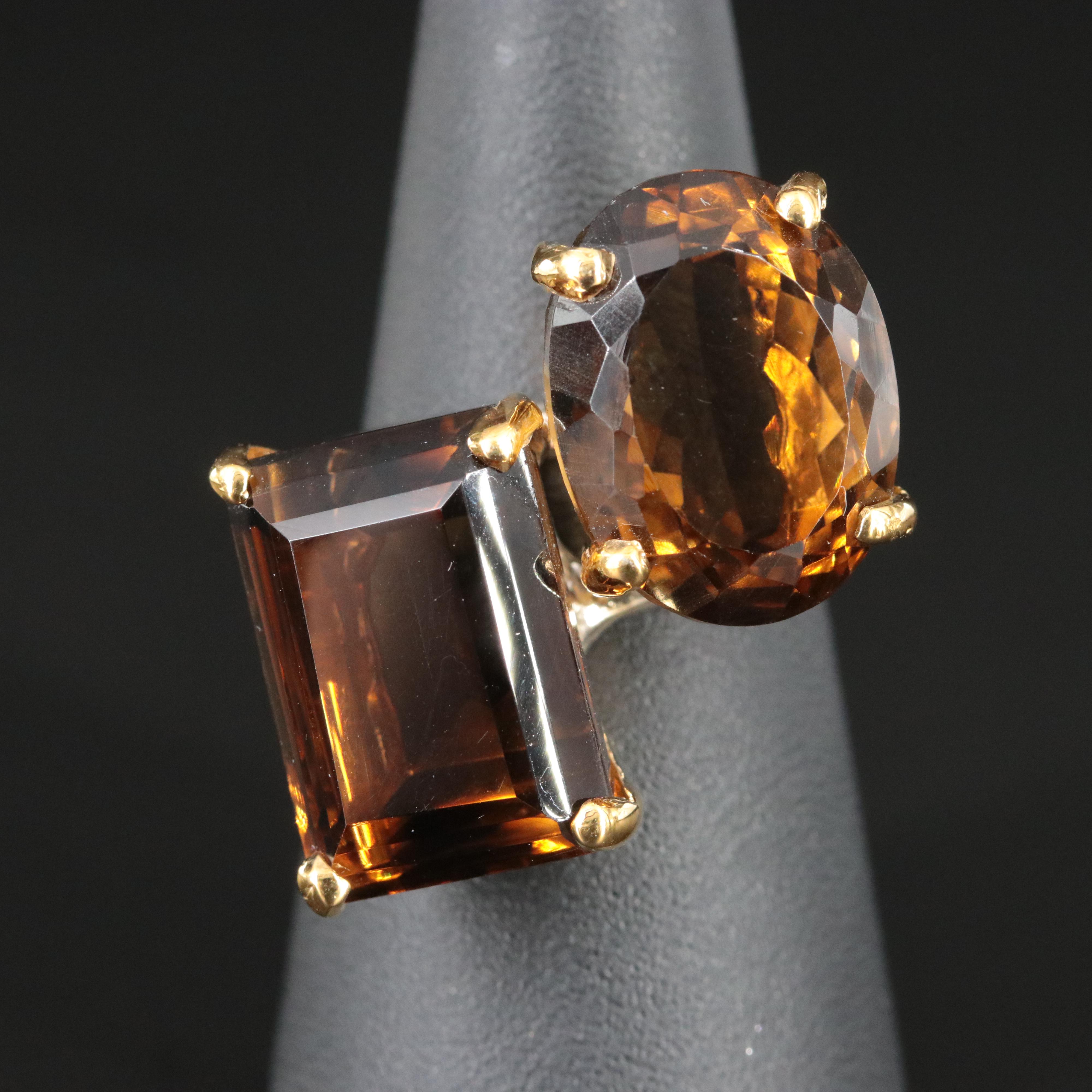 Two-Tone Sterling and Smoky Quartz Two Stone Ring