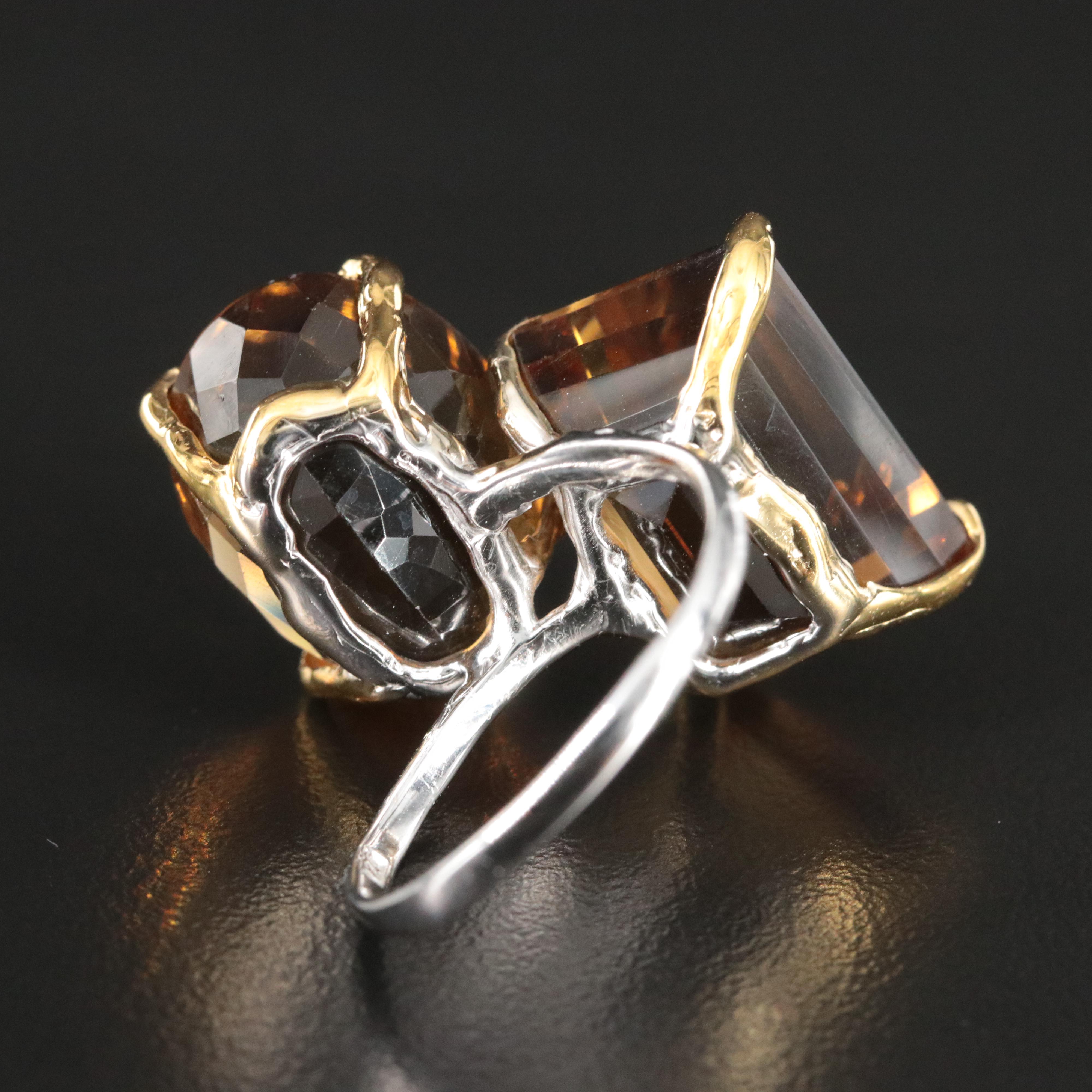 Two-Tone Sterling and Smoky Quartz Two Stone Ring