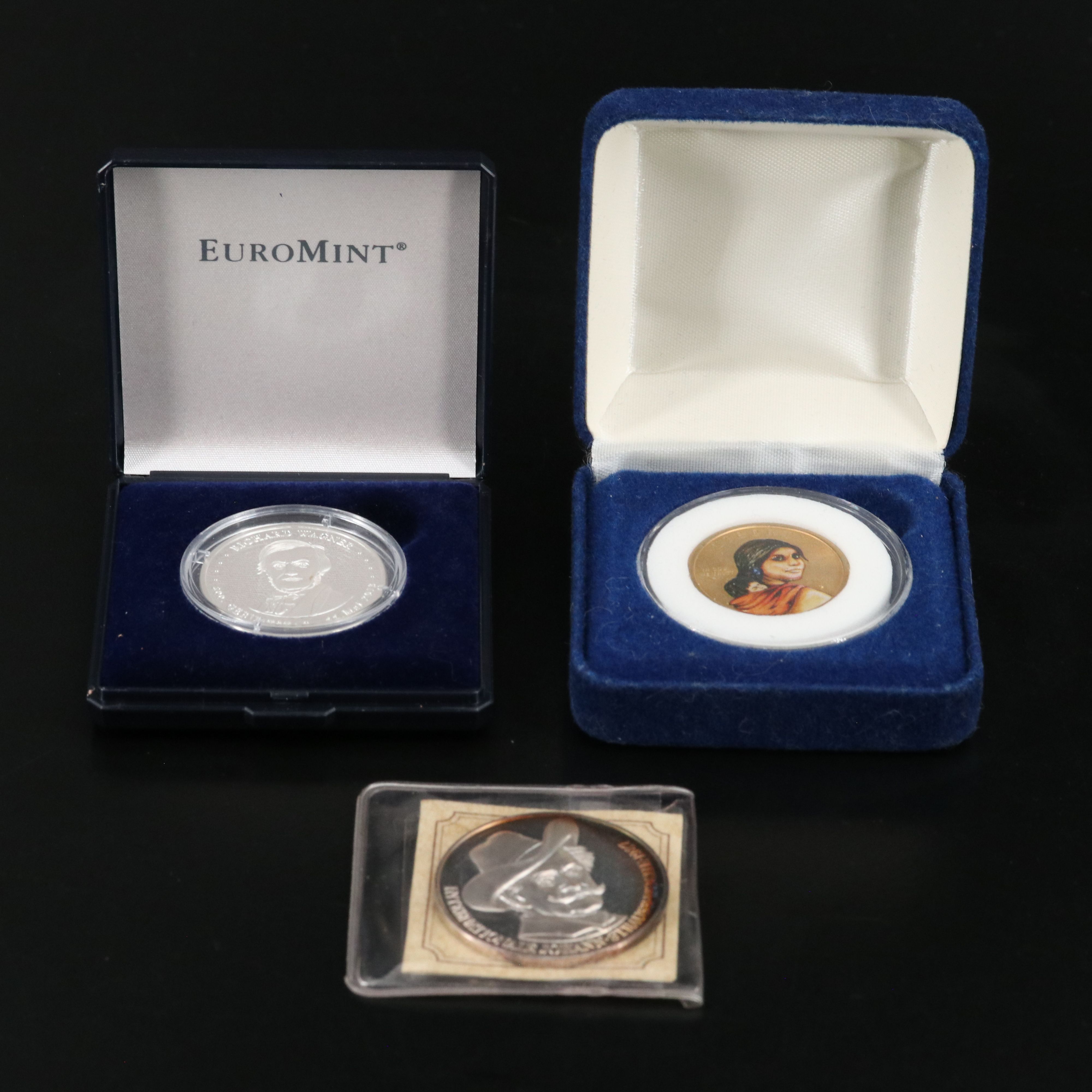 Two German Made .999 Silver Medals and a Sacajawea Dollar