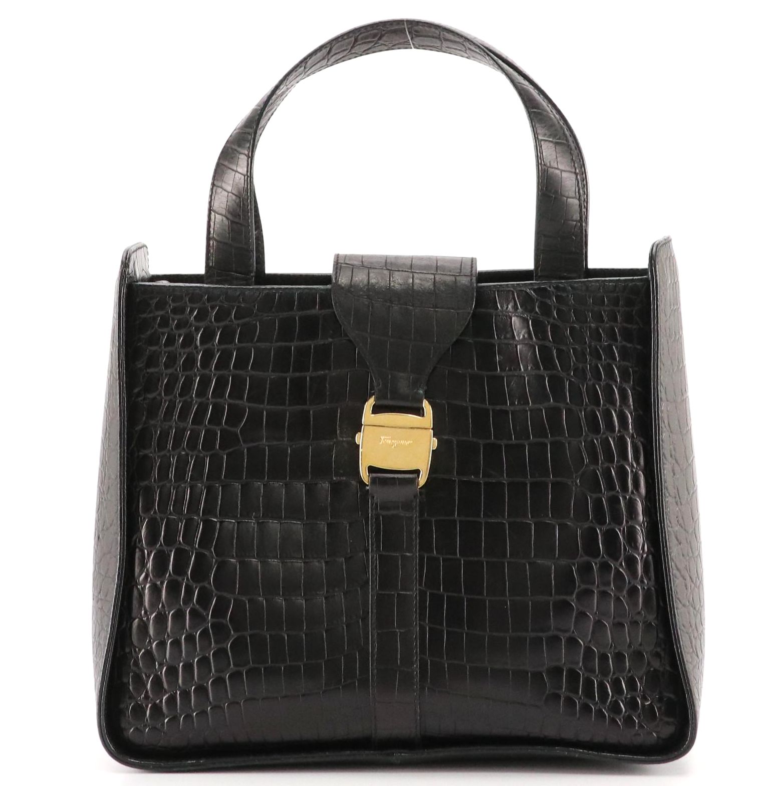 Salvatore Ferragamo Handbag in Black Croc Embossed Leather