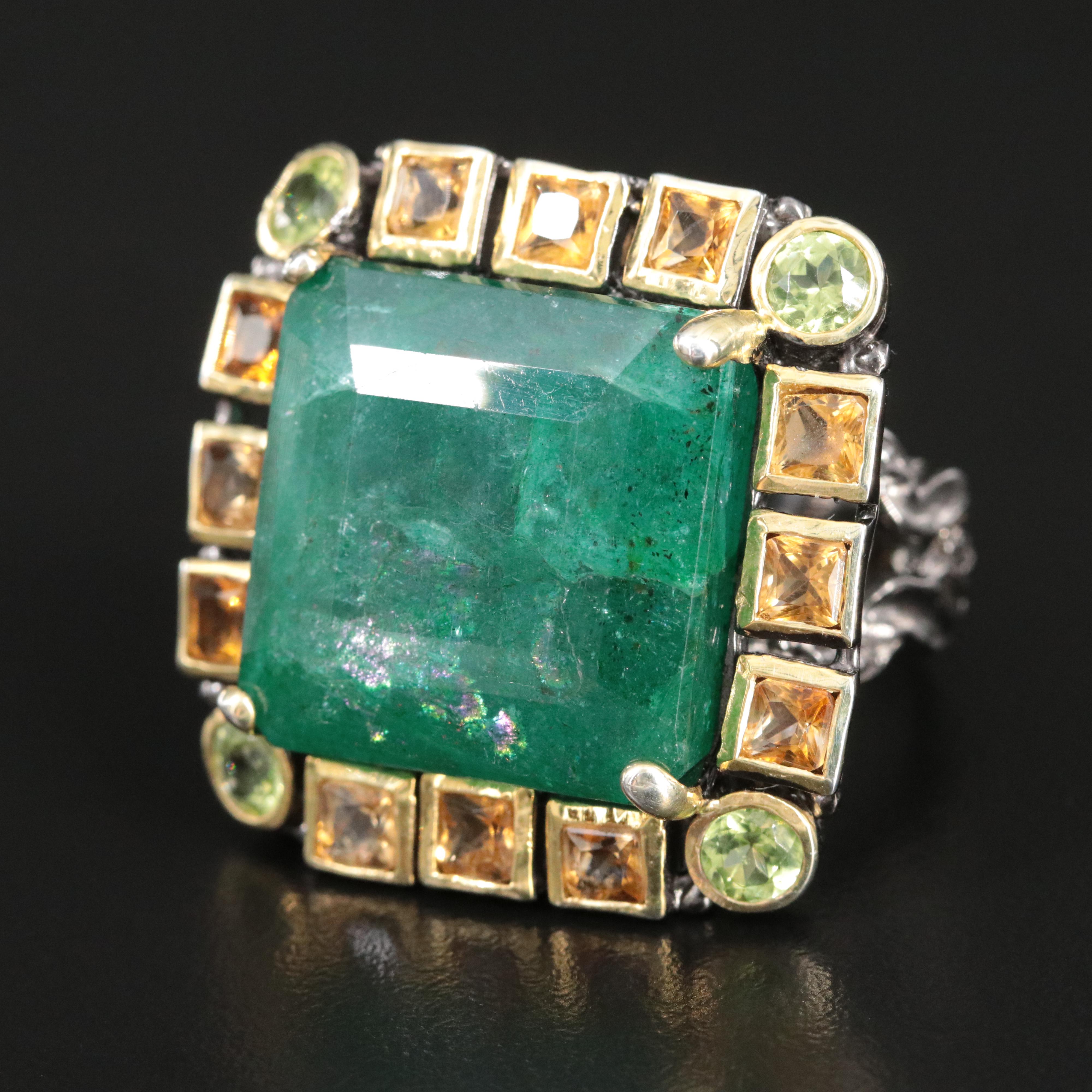 Sterling Beryl, Citrine and Peridot Oversized Square Ring