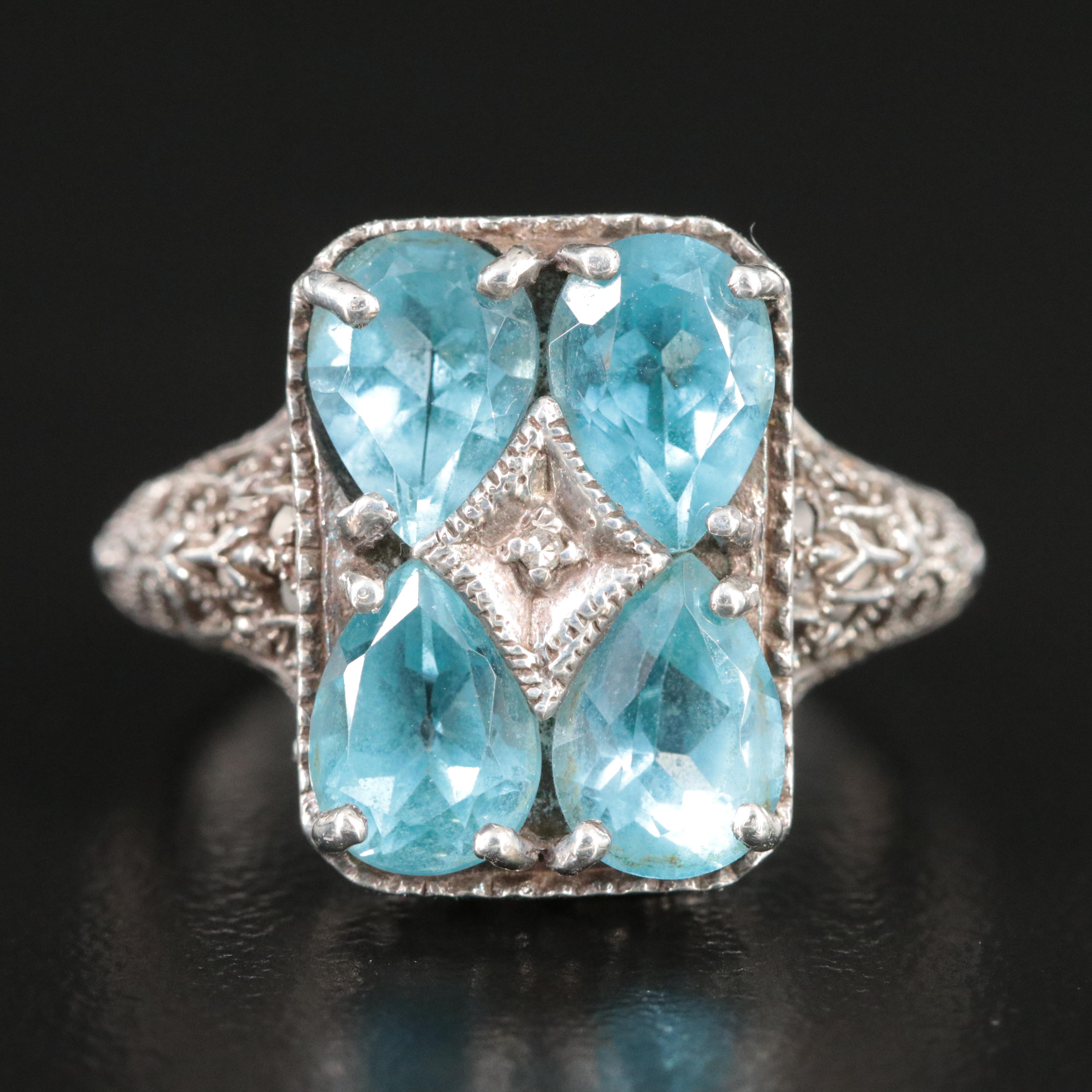 Sterling Diamond and Topaz Filigree Ring