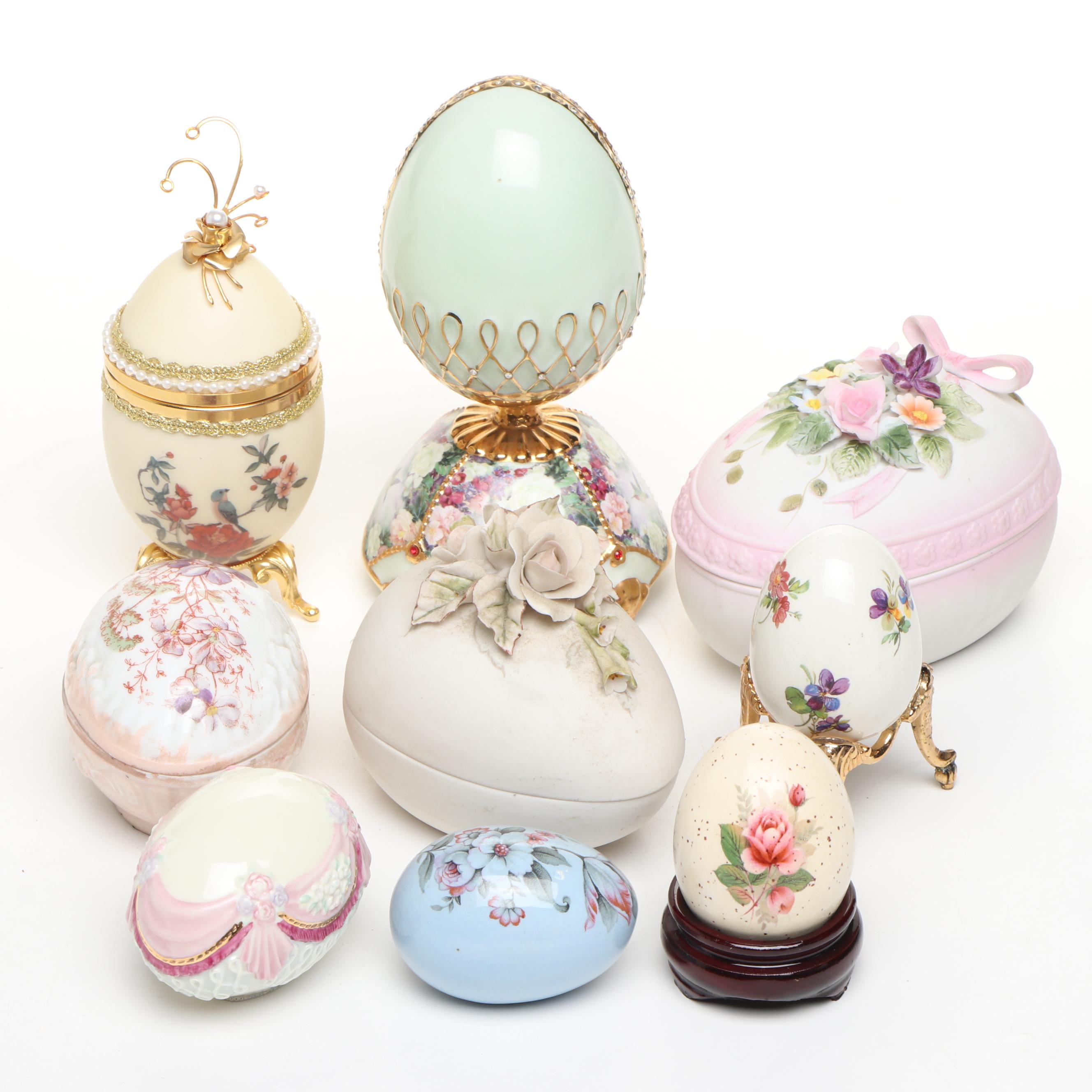Lenox, Lefton, and Other China Boxes with Egg Figurines