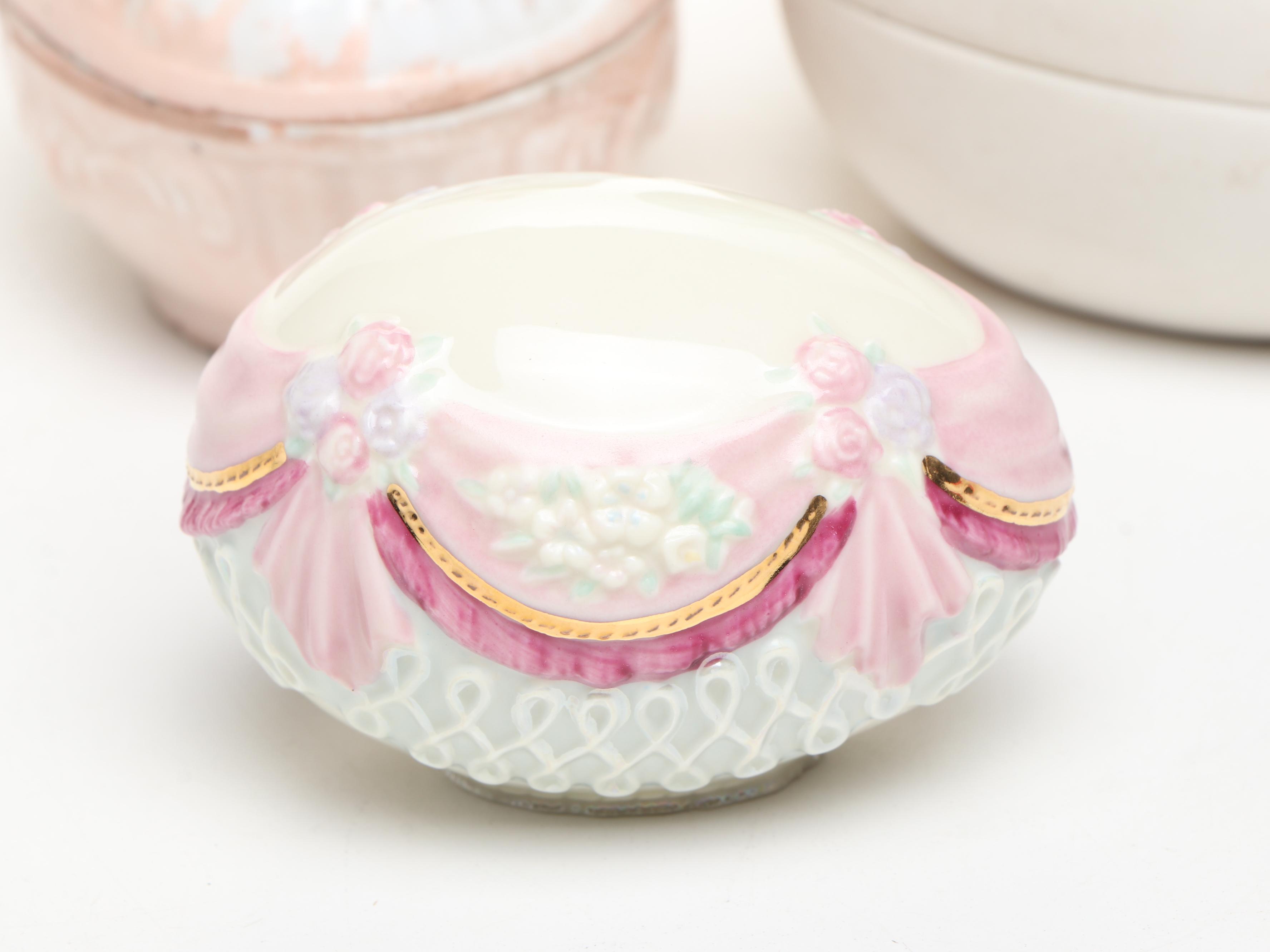 Lenox, Lefton, and Other China Boxes with Egg Figurines