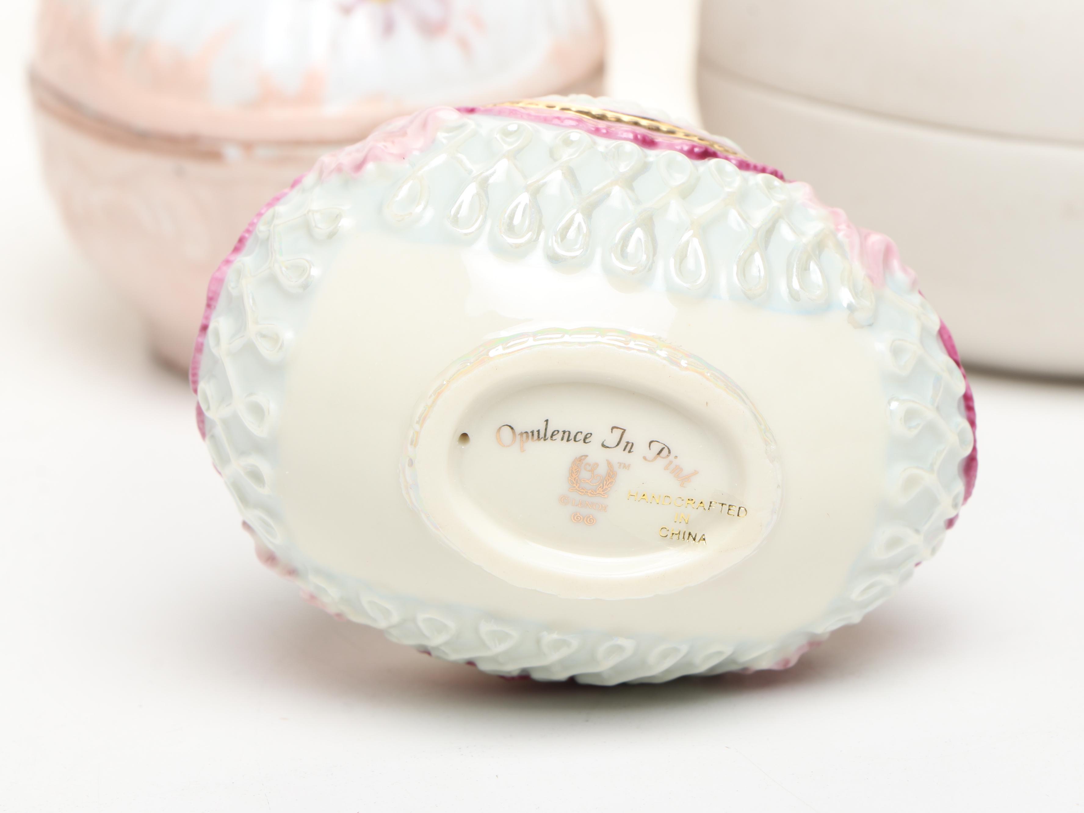 Lenox, Lefton, and Other China Boxes with Egg Figurines