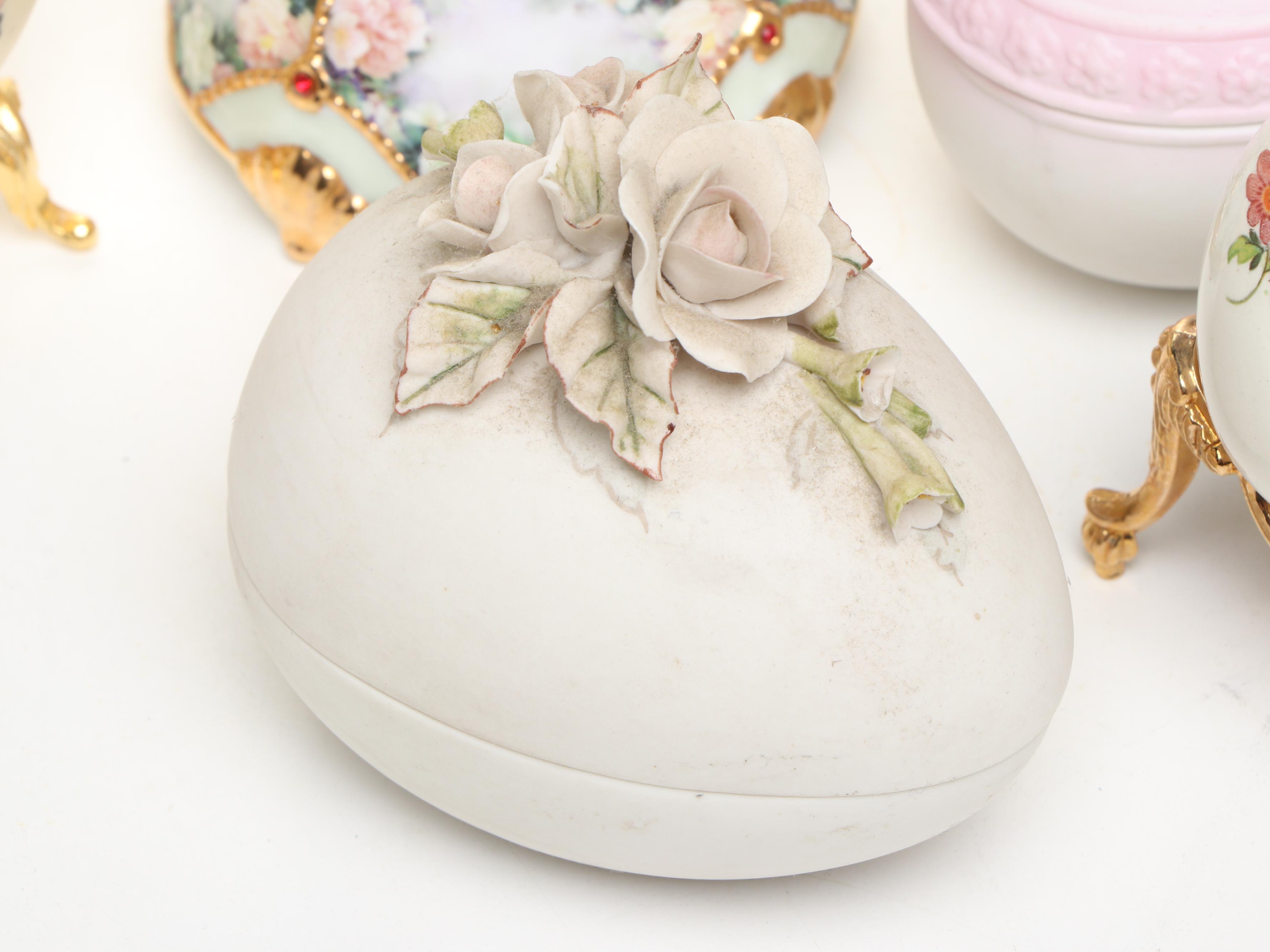 Lenox, Lefton, and Other China Boxes with Egg Figurines