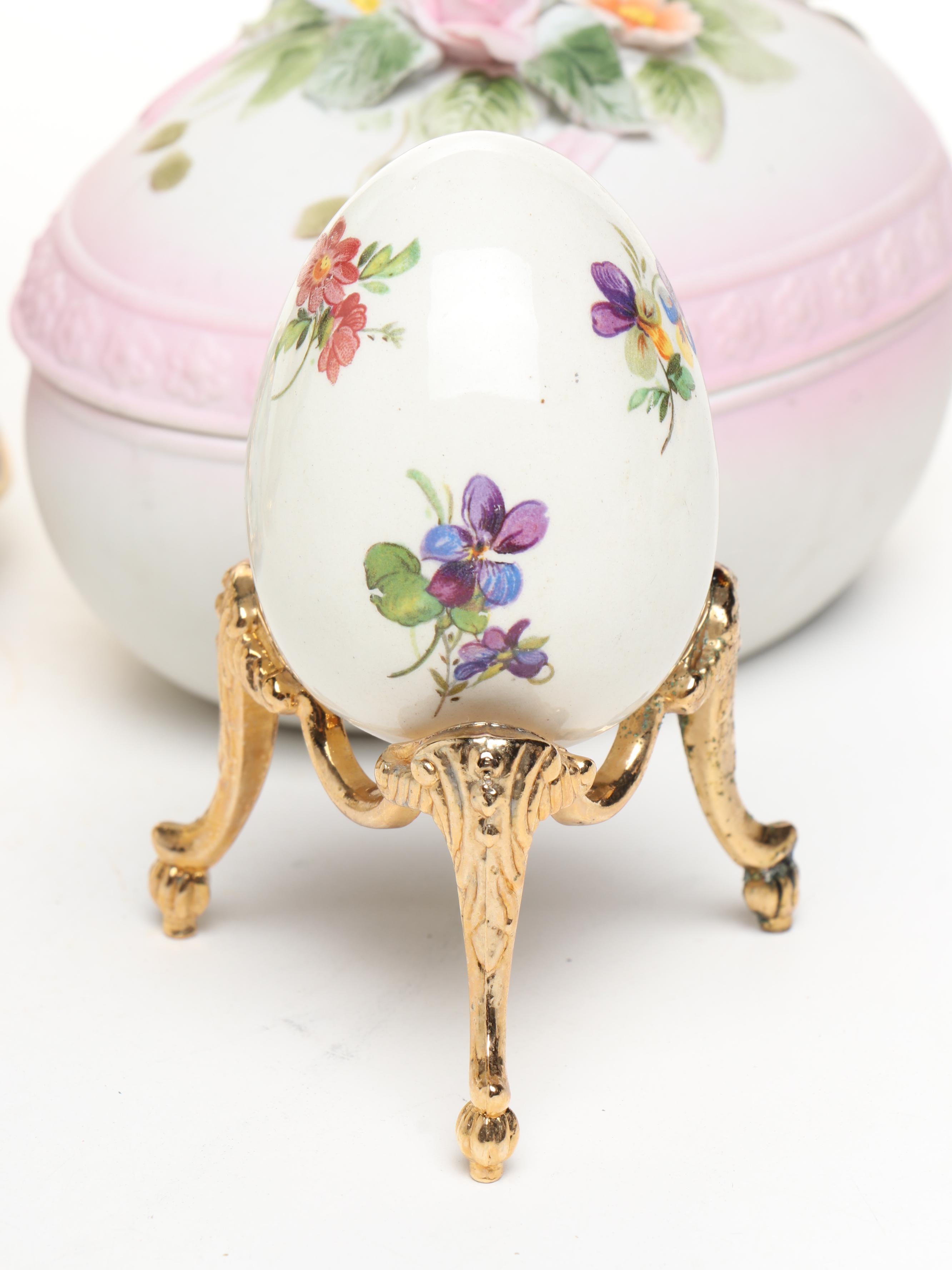 Lenox, Lefton, and Other China Boxes with Egg Figurines