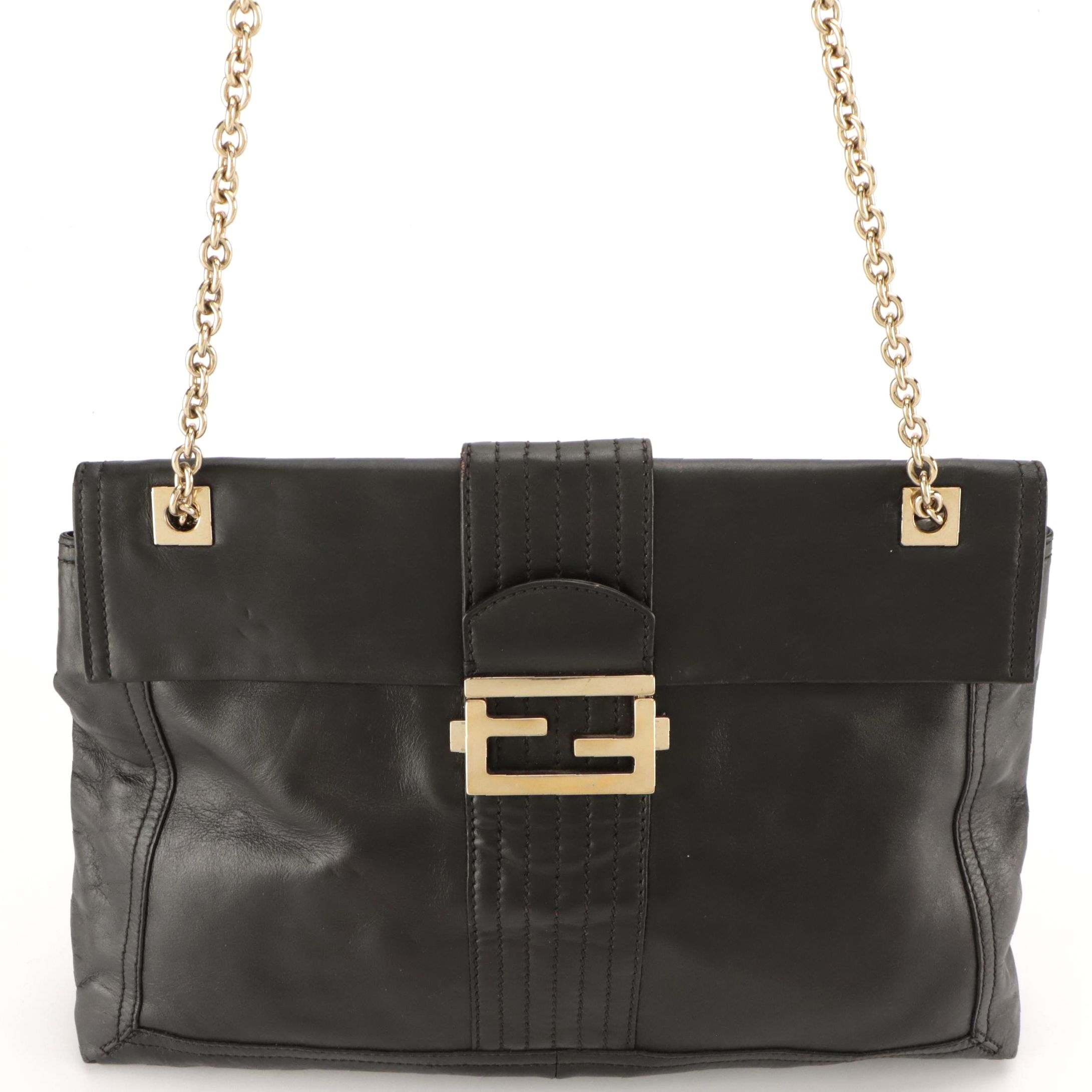 Fendi FF Flap Chain Strap Bag in Black Calfskin Leather