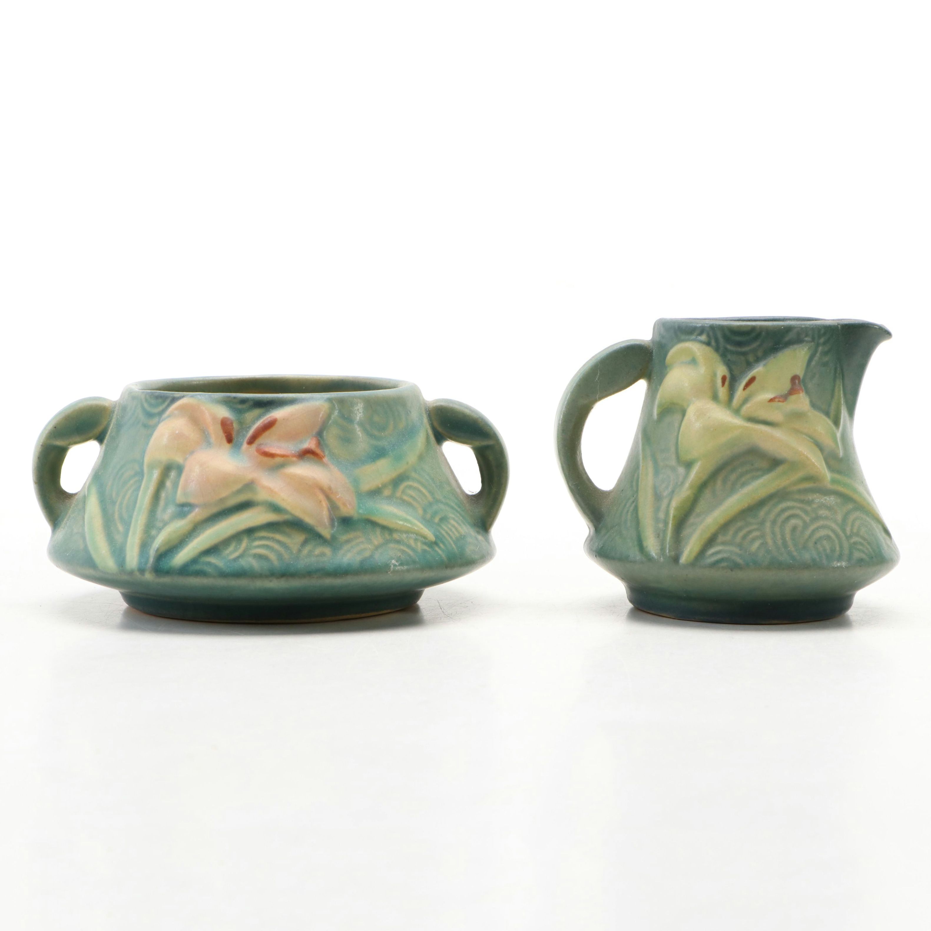 Roseville Pottery "Zephyr Lily" Ceramic Creamer and Sugar, Mid-20th C.