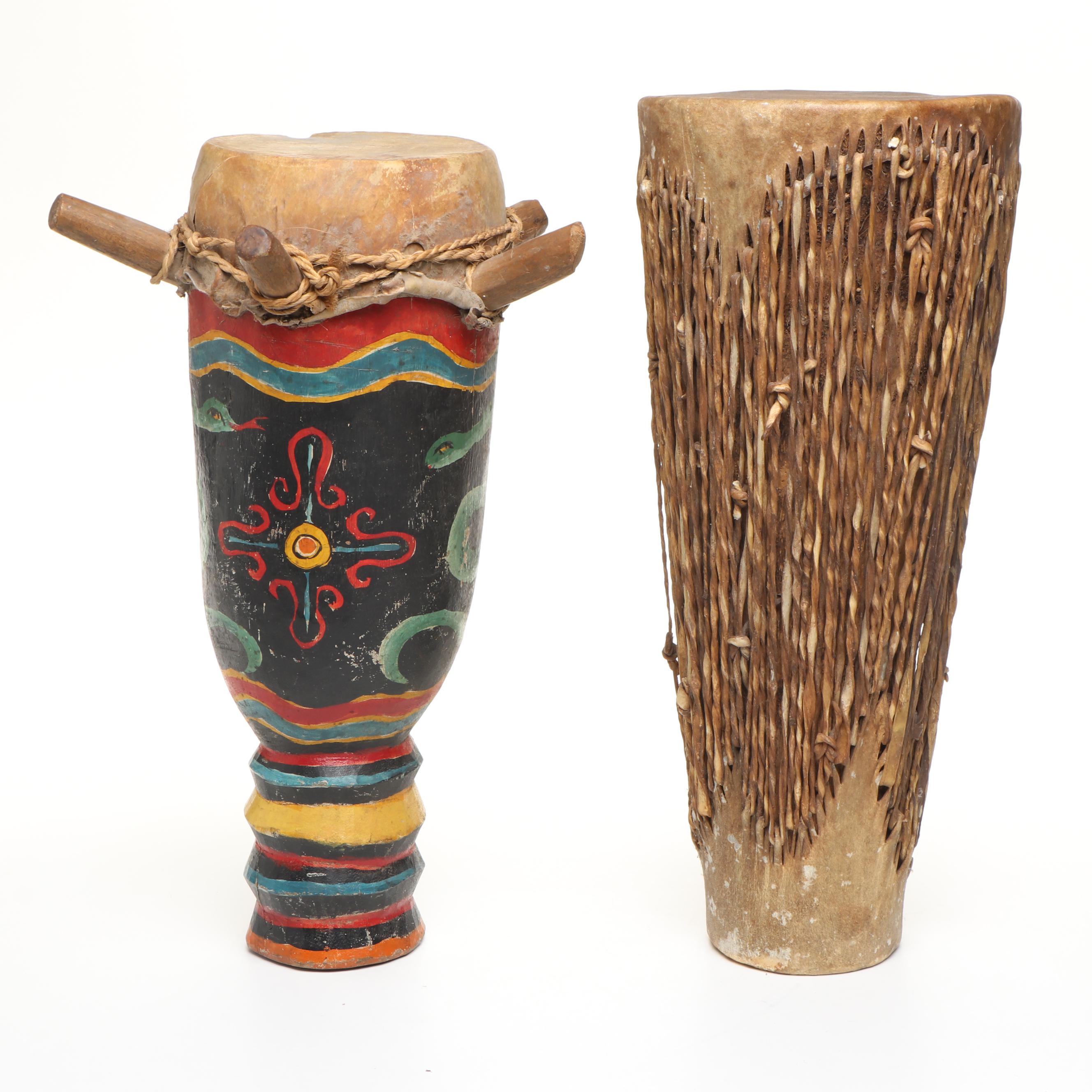African Hide Covered Wood Djembe with Haitian Hand-Painted Rada Drum