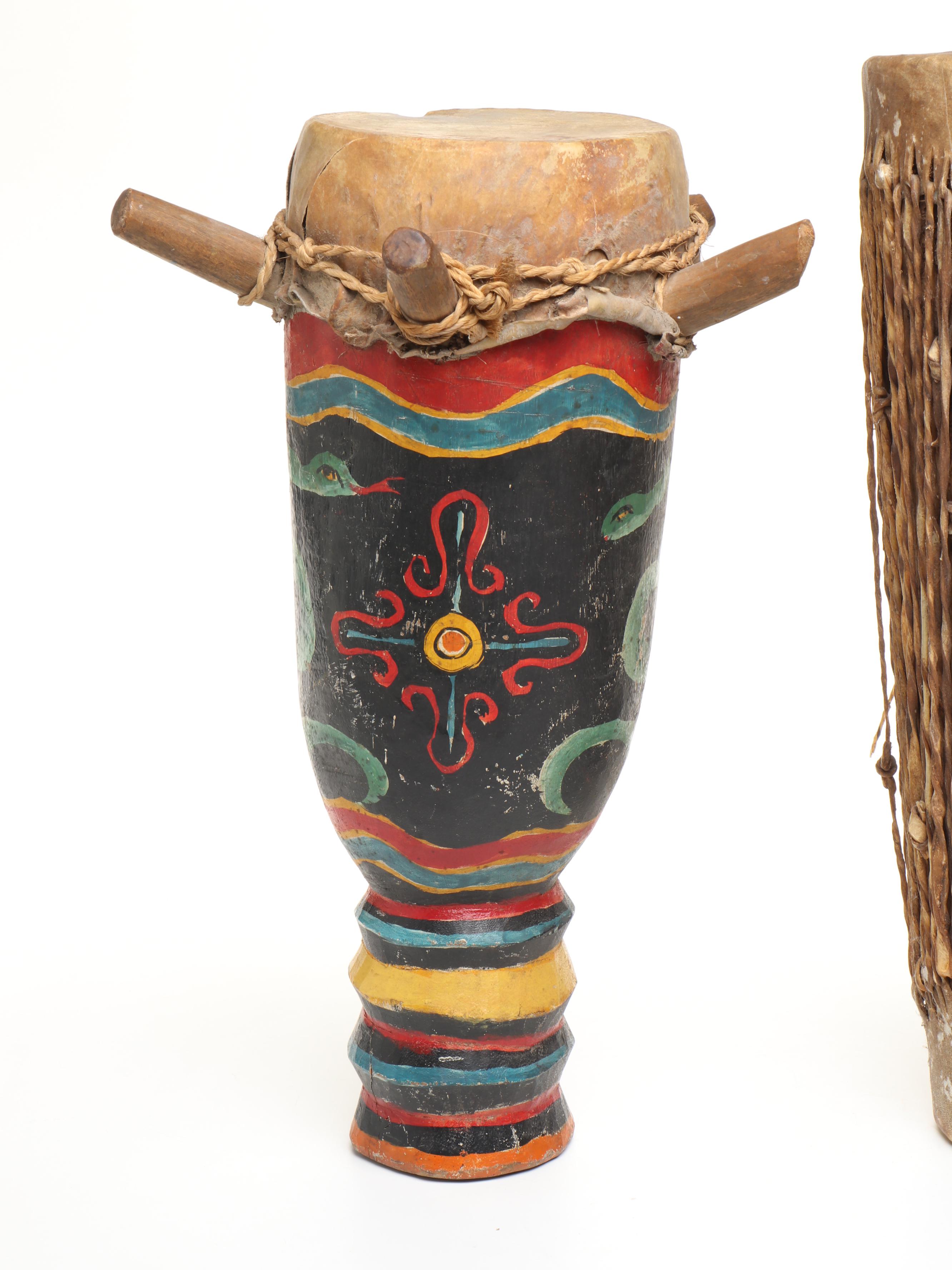 African Hide Covered Wood Djembe with Haitian Hand-Painted Rada Drum