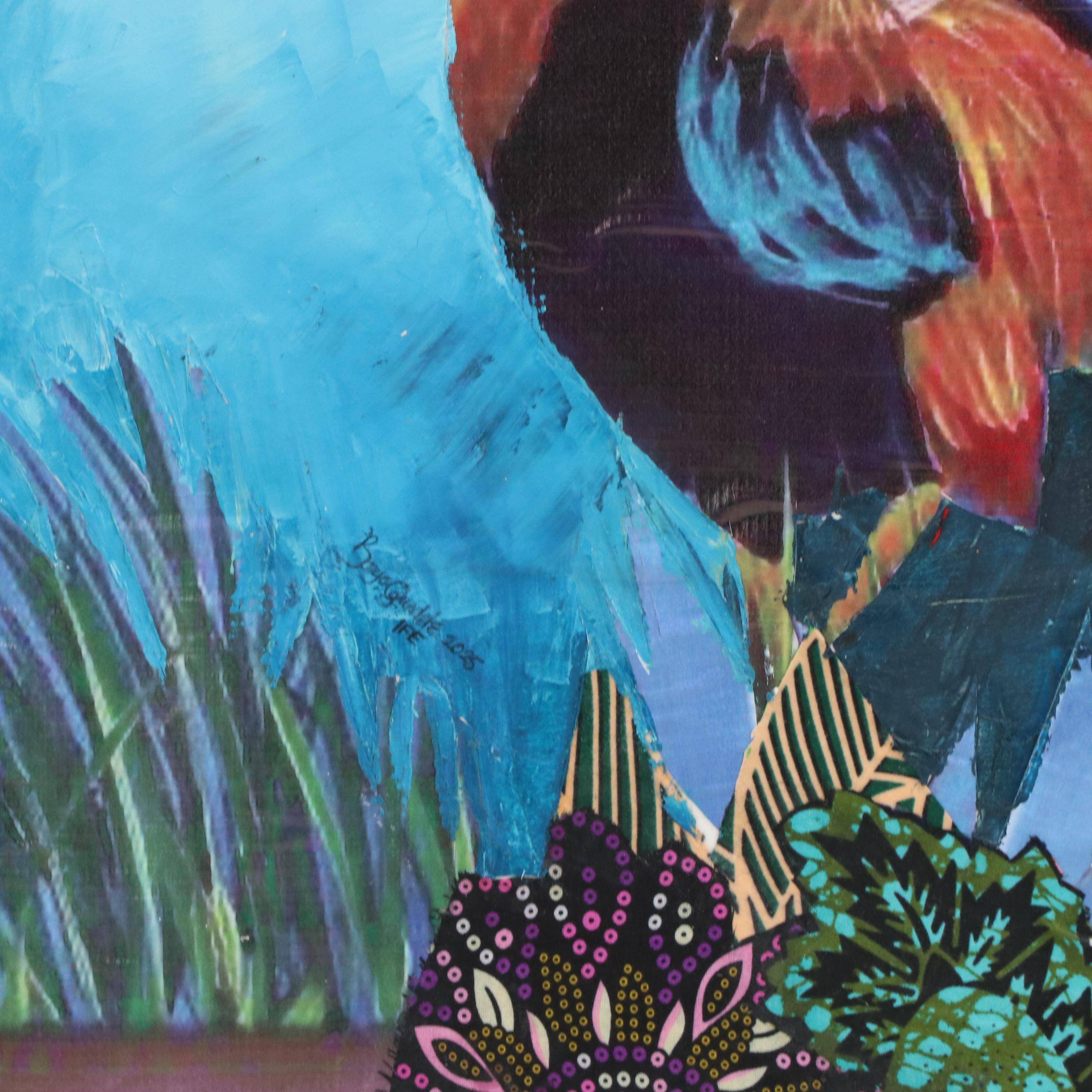 Bayo Ogundele Stylized Mixed Media Collage of a Rooster "Akuko," 2025