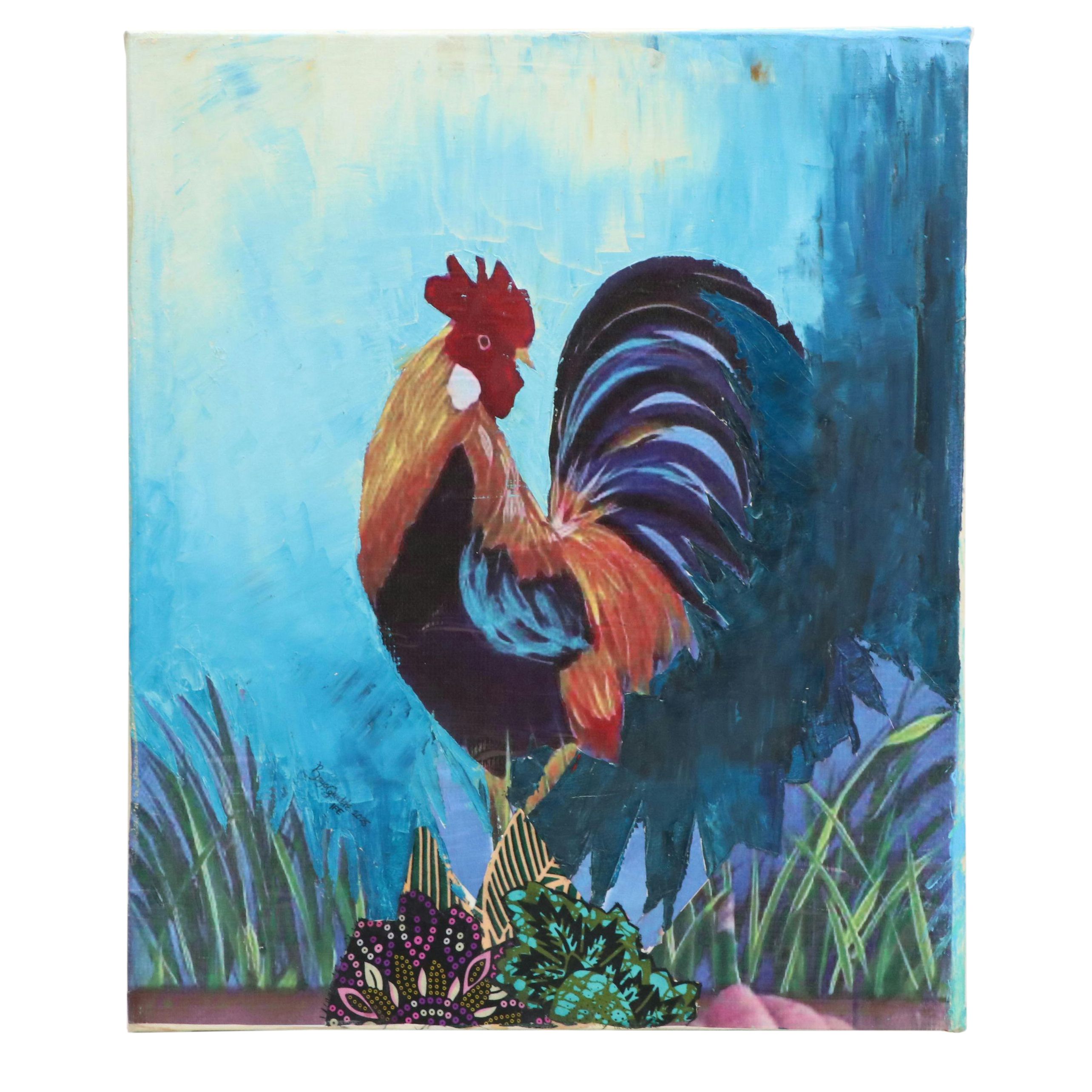 Bayo Ogundele Stylized Mixed Media Collage of a Rooster "Akuko," 2025