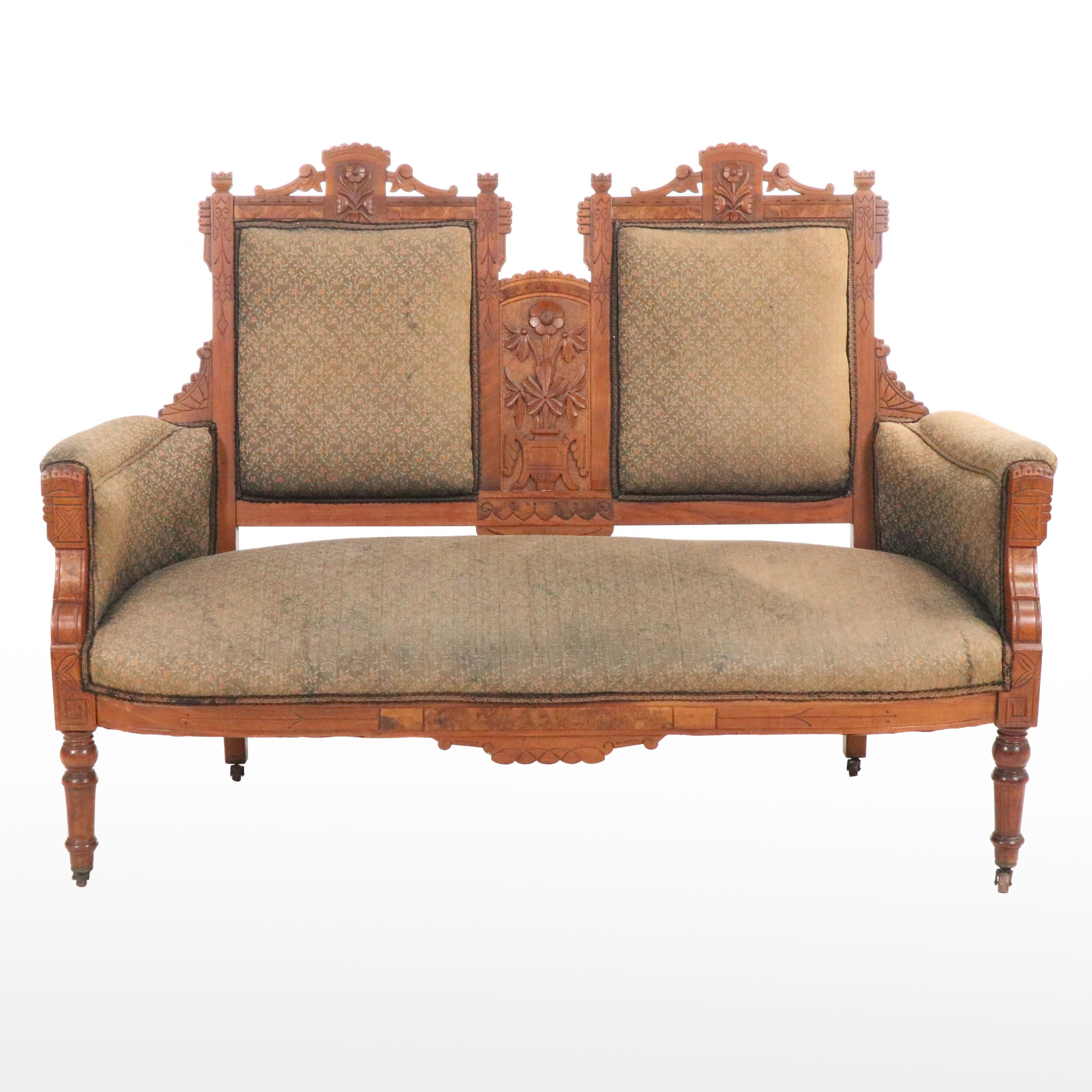 Victorian Eastlake Carved Walnut and Burl Wood Settee, Late 19th/Early 20th C.