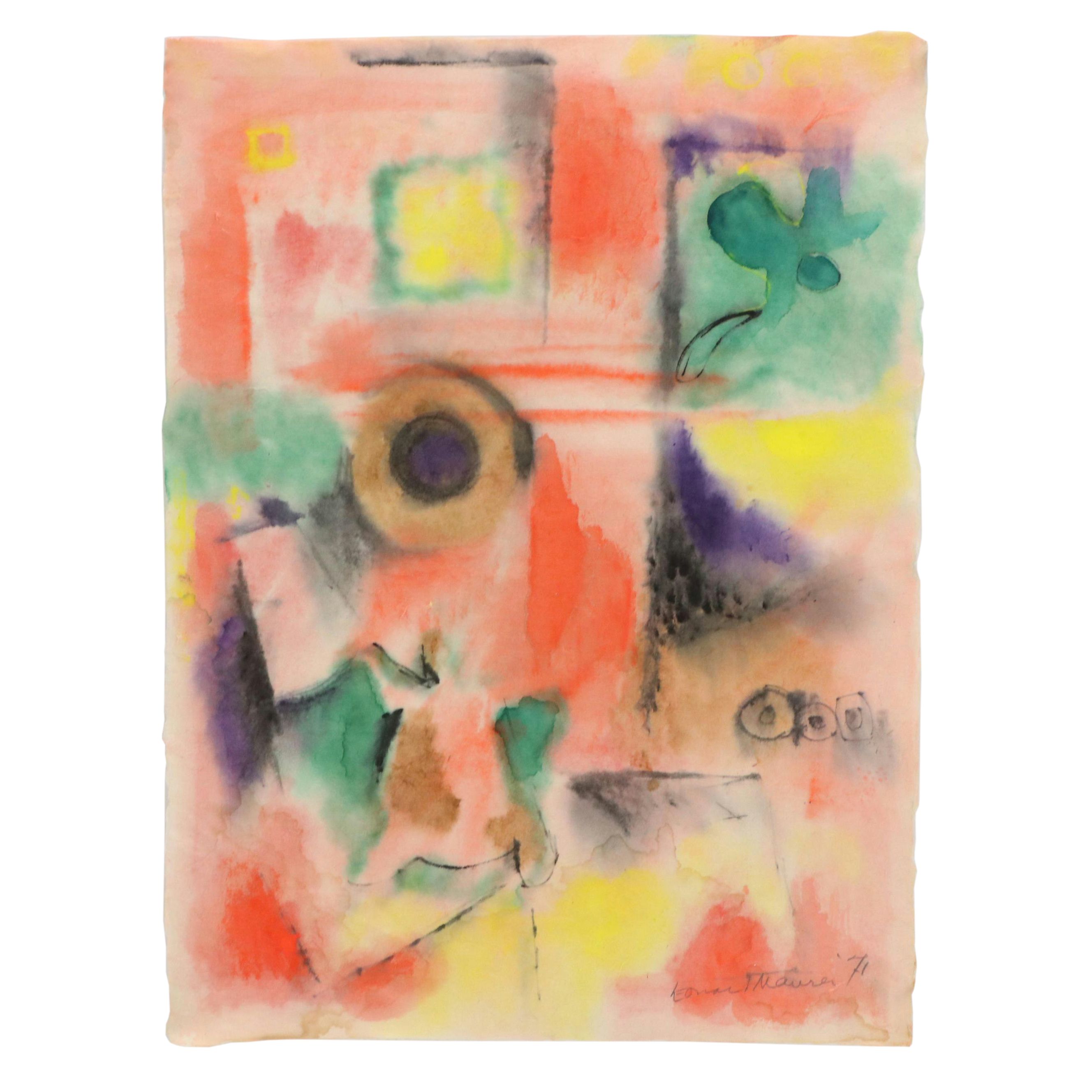 Leonard Maurer Abstract Modern Watercolor Painting, 1971