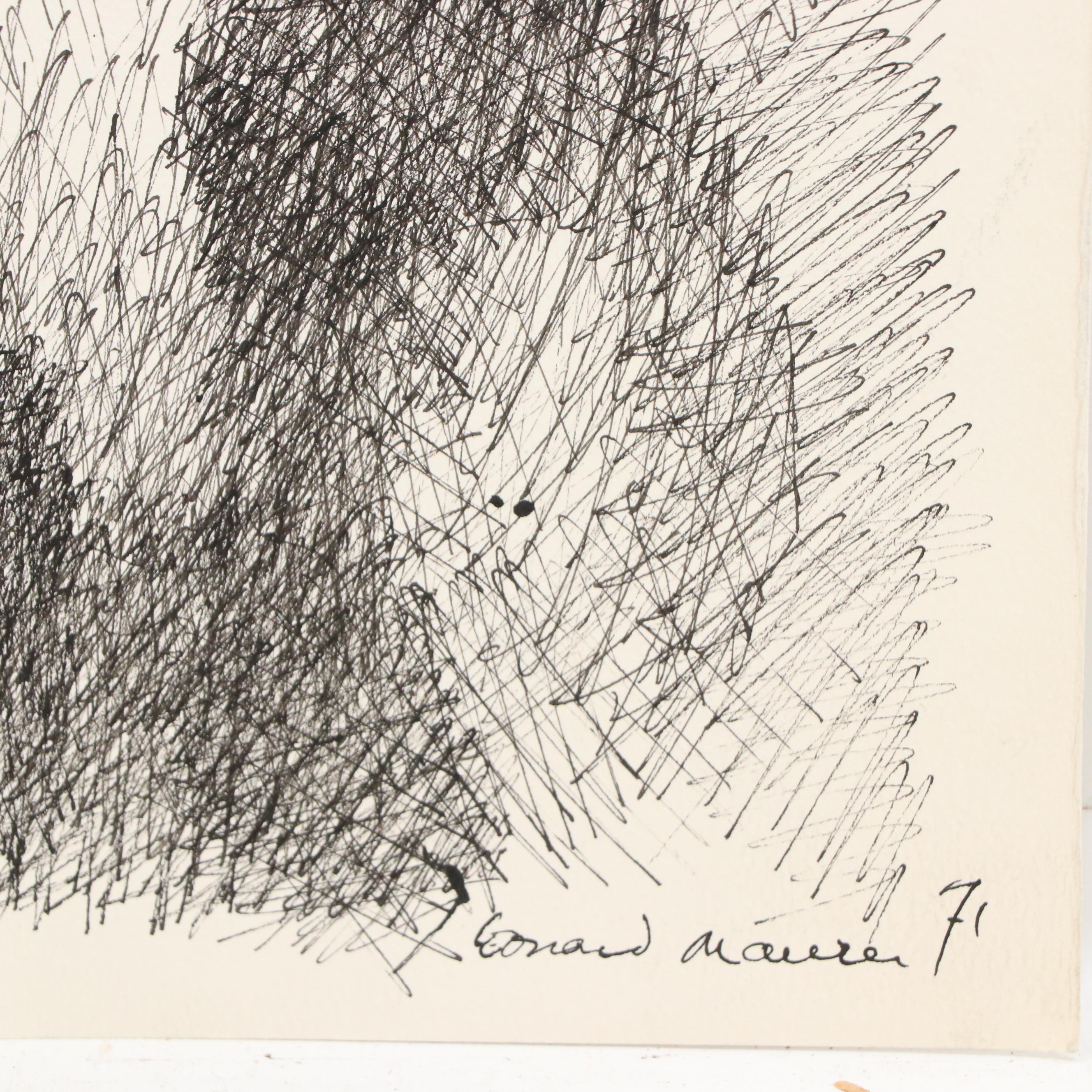 Leonard Maurer Abstract Modern Ink Drawing, 1971