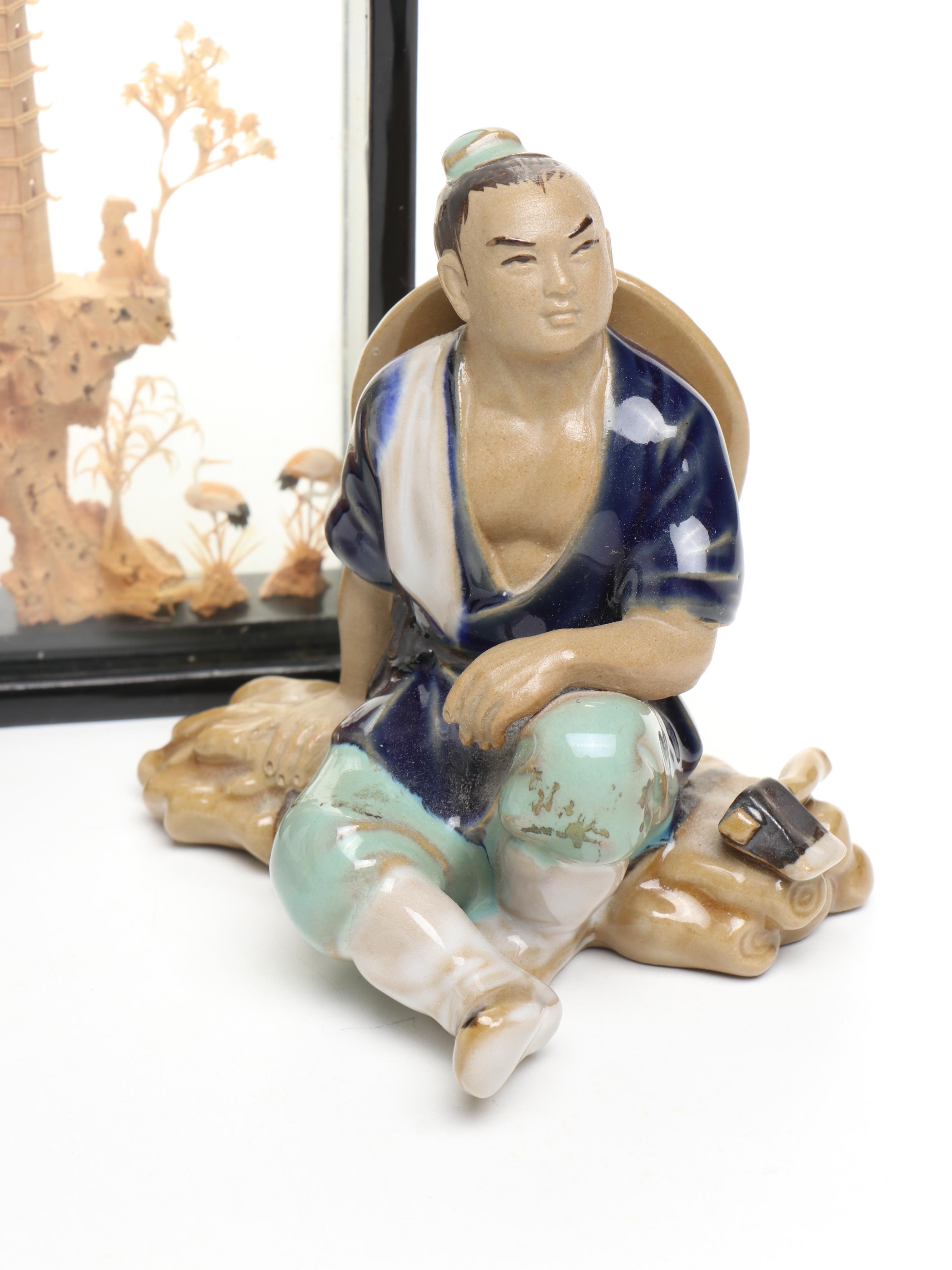 Chinese Carved Cork Diorama with Shiwan Figure and More