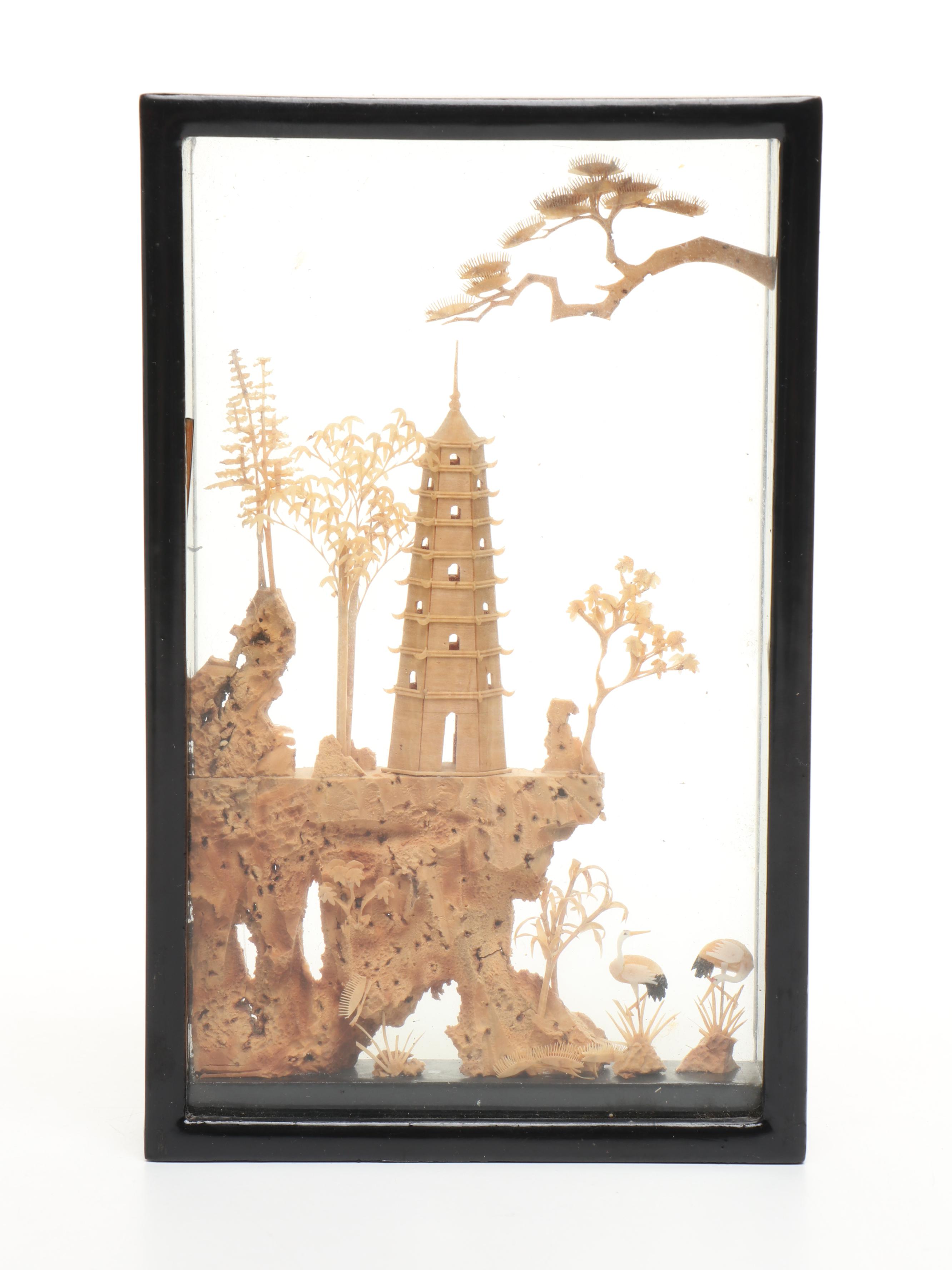 Chinese Carved Cork Diorama with Shiwan Figure and More