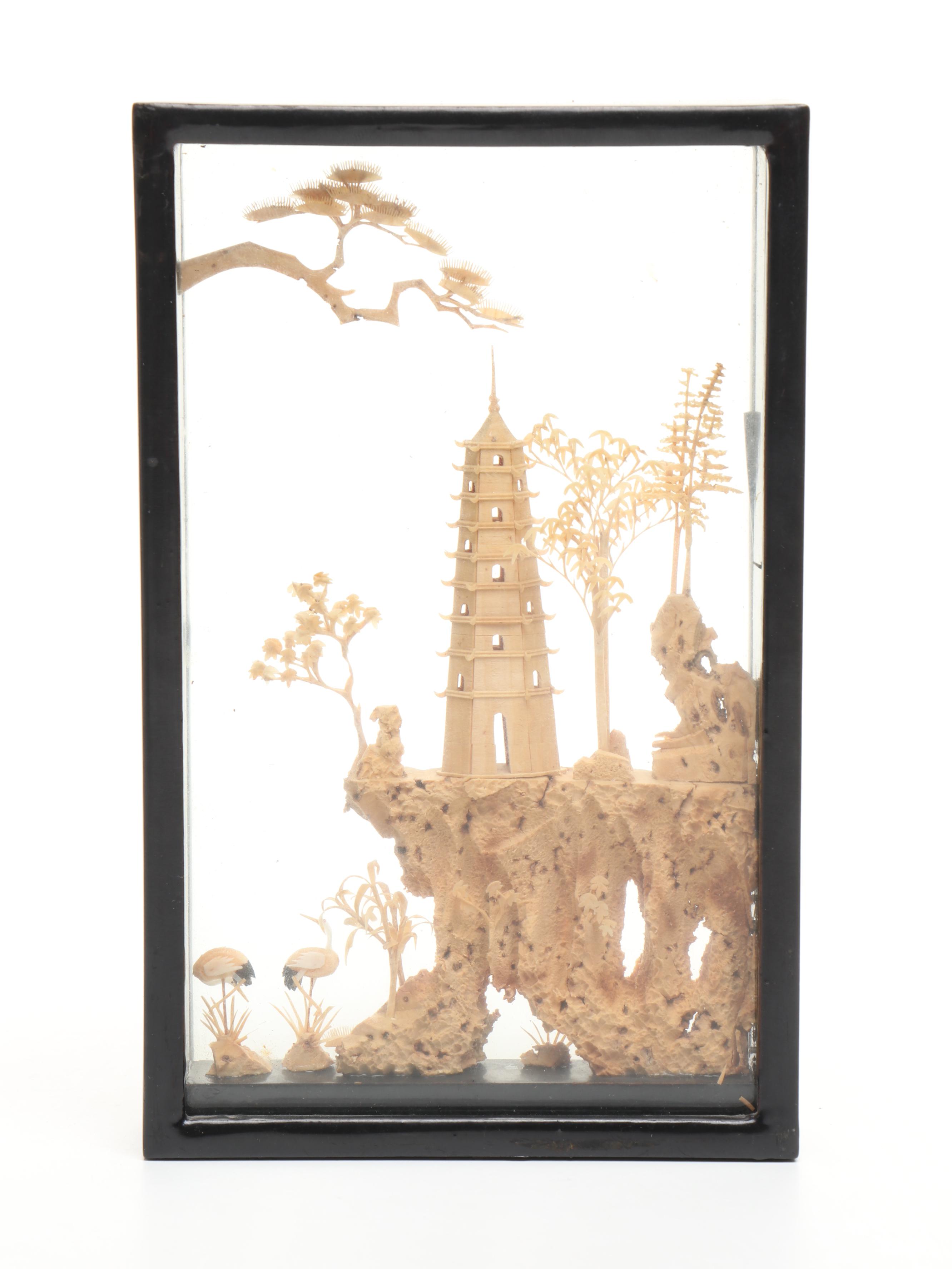 Chinese Carved Cork Diorama with Shiwan Figure and More