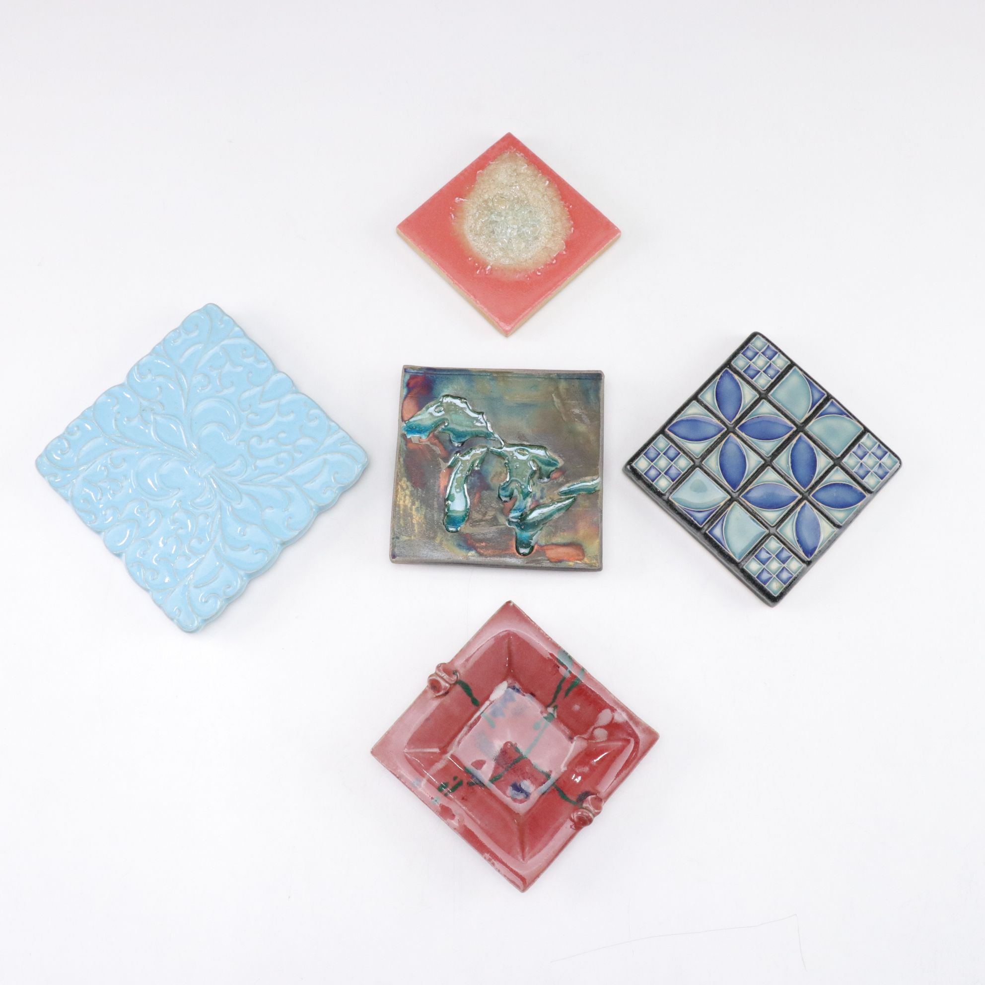 Raku Fired Great Lakes Ceramic Tile with Other Tiles and Ashtray