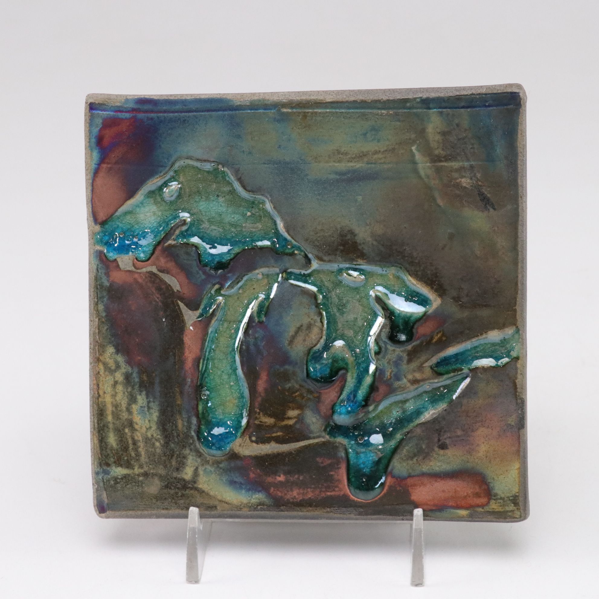 Raku Fired Great Lakes Ceramic Tile with Other Tiles and Ashtray