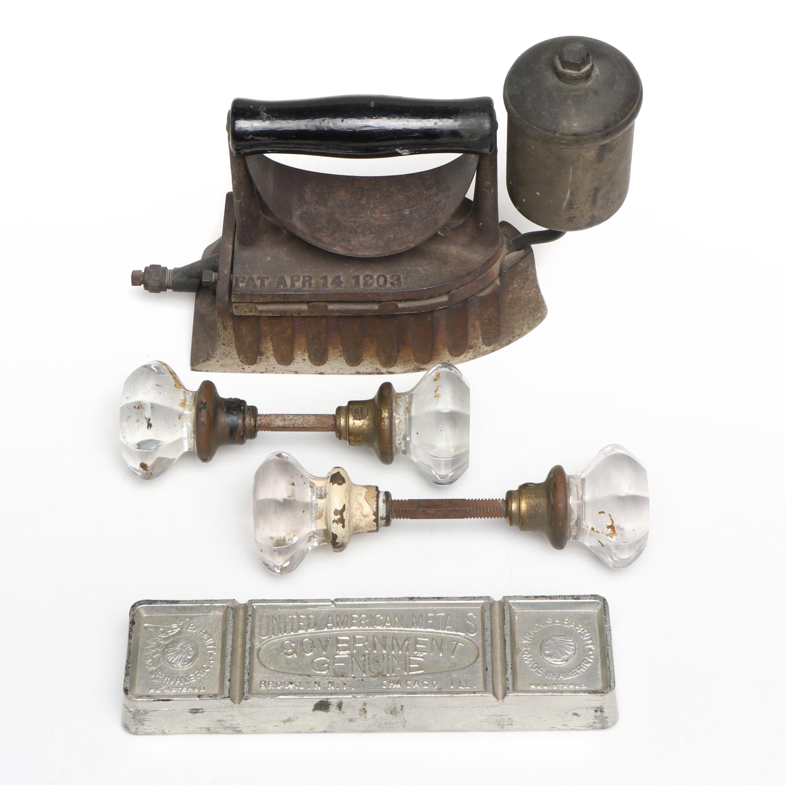 Decorative Items with Glass Door Knobs, Babbitt Metal Ingot, and Steam Iron