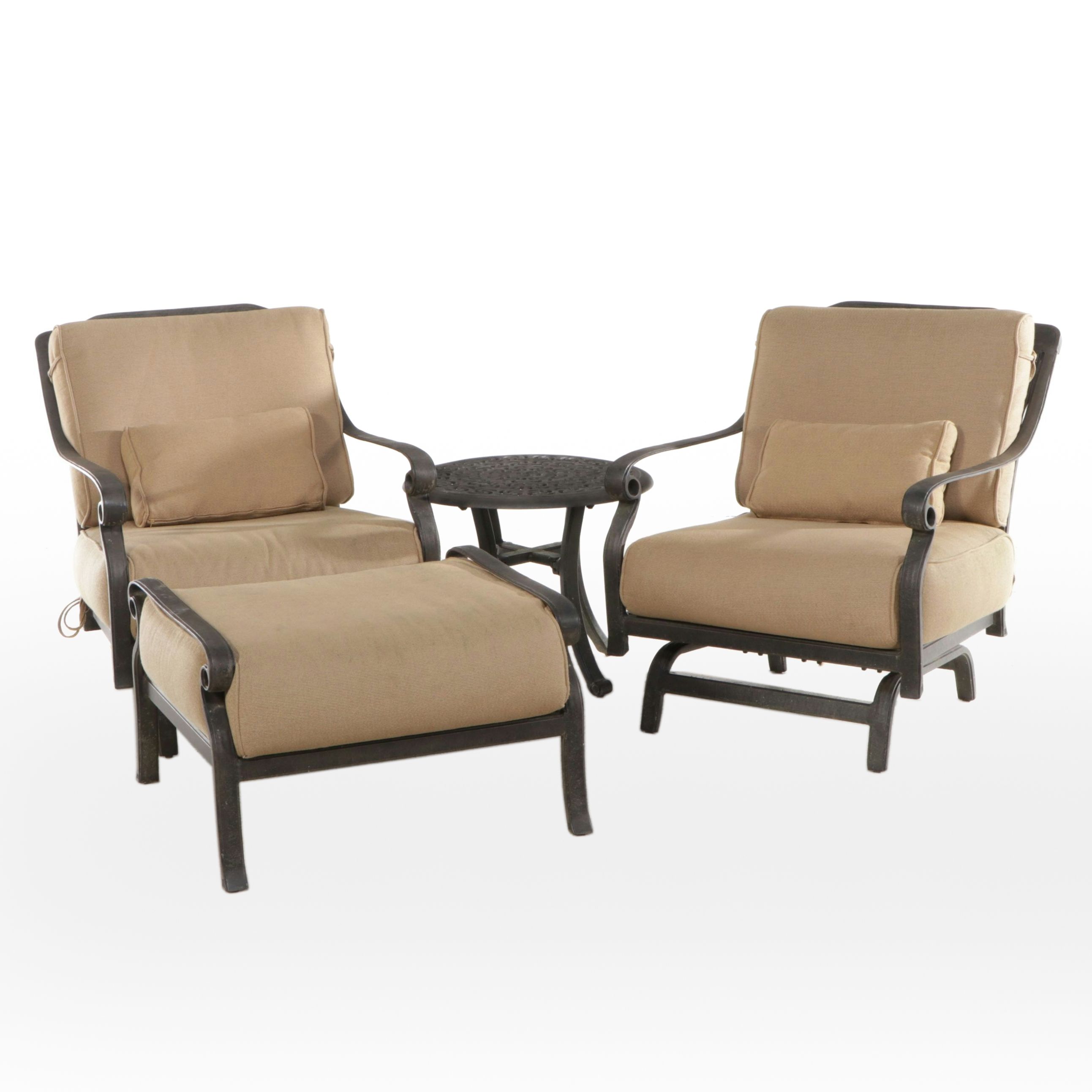 Pair of Cast Metal Patio Lounge Chairs with Ottoman and Accent Table