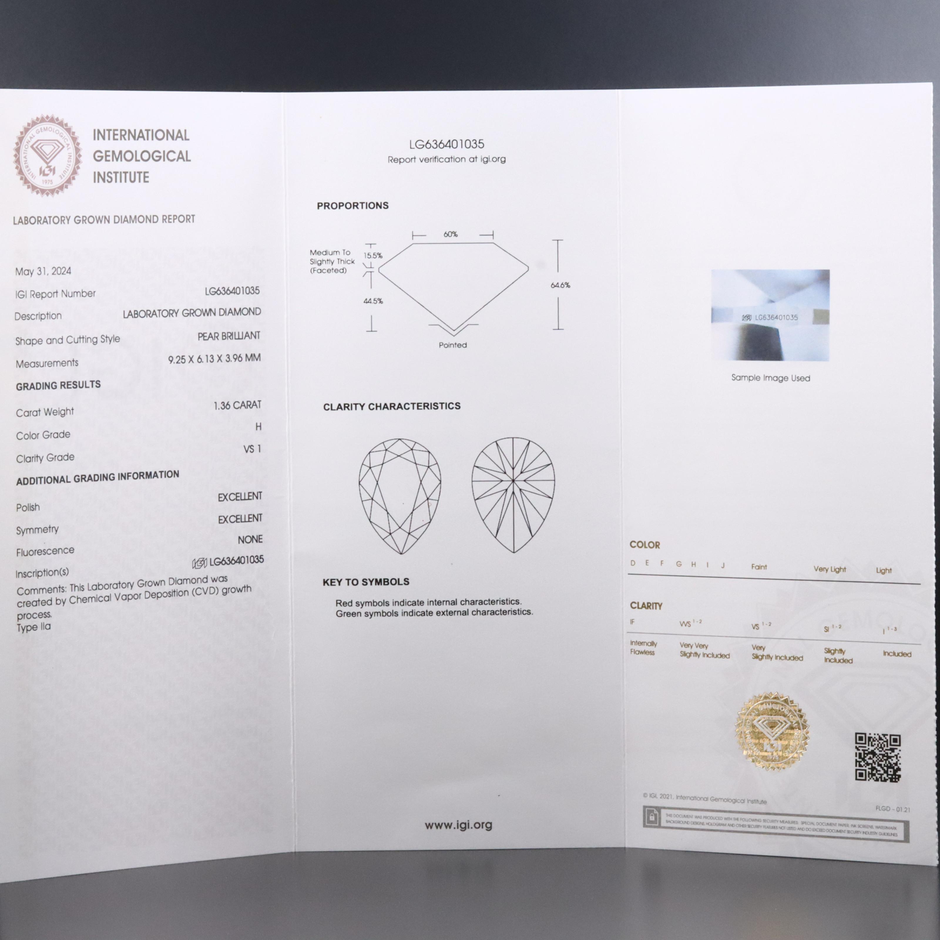 Loose 1.36 CT Lab Grown Diamond with IGI Report