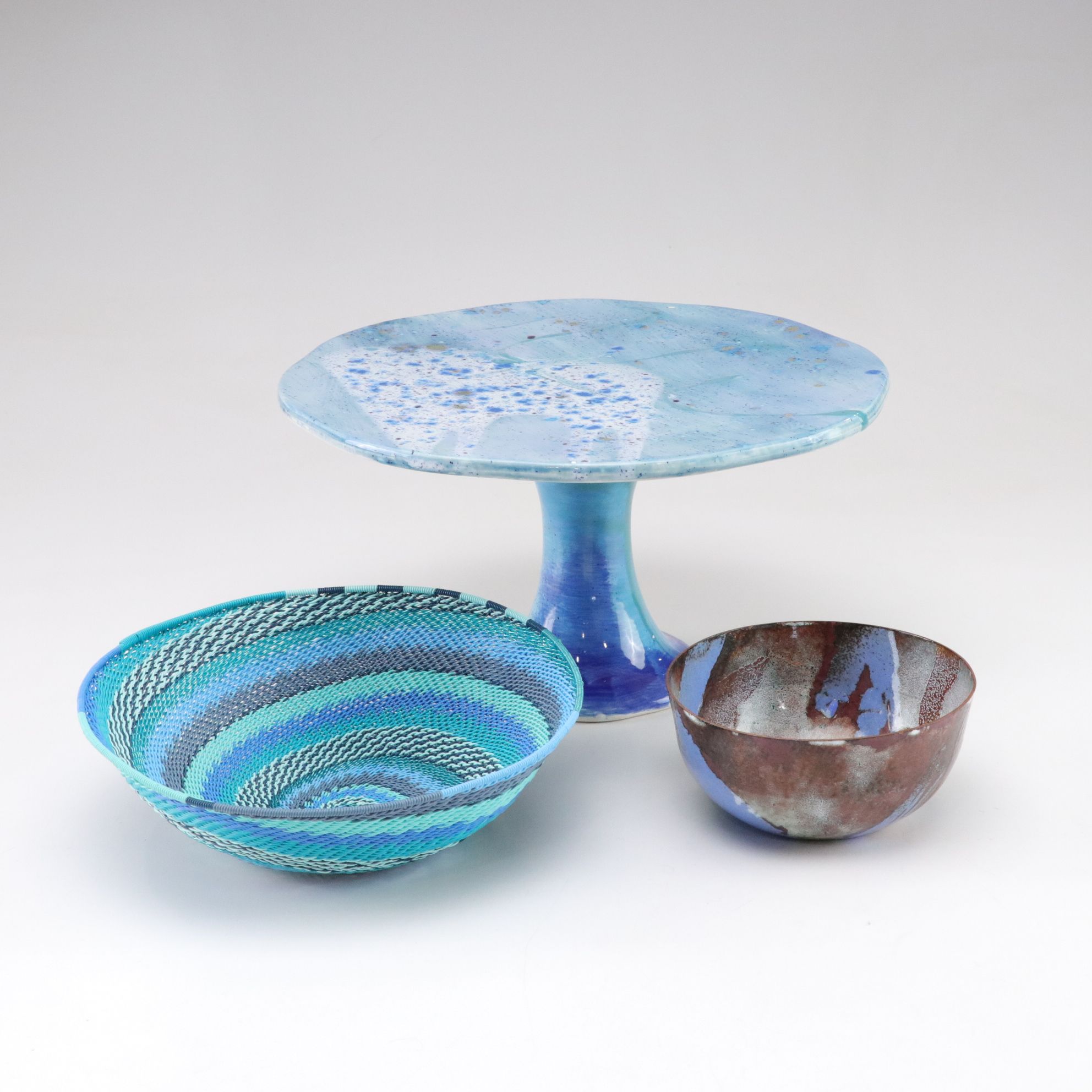 Splatter Glaze Cake Stand with Woven Wire Basket and Studio Pottery Bowl