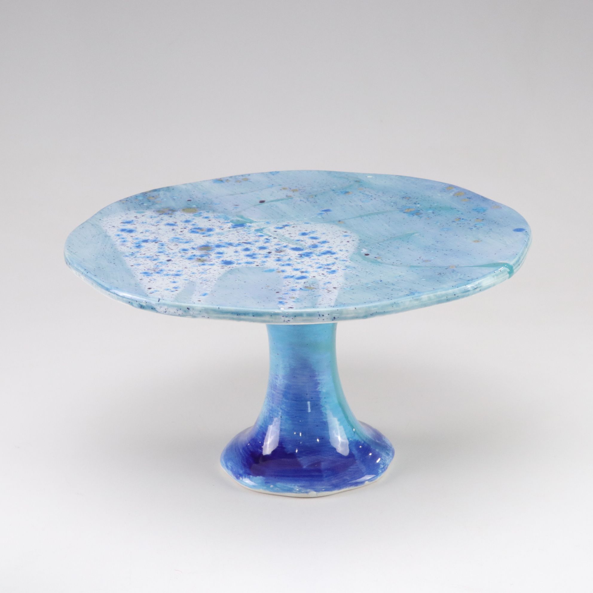 Splatter Glaze Cake Stand with Woven Wire Basket and Studio Pottery Bowl