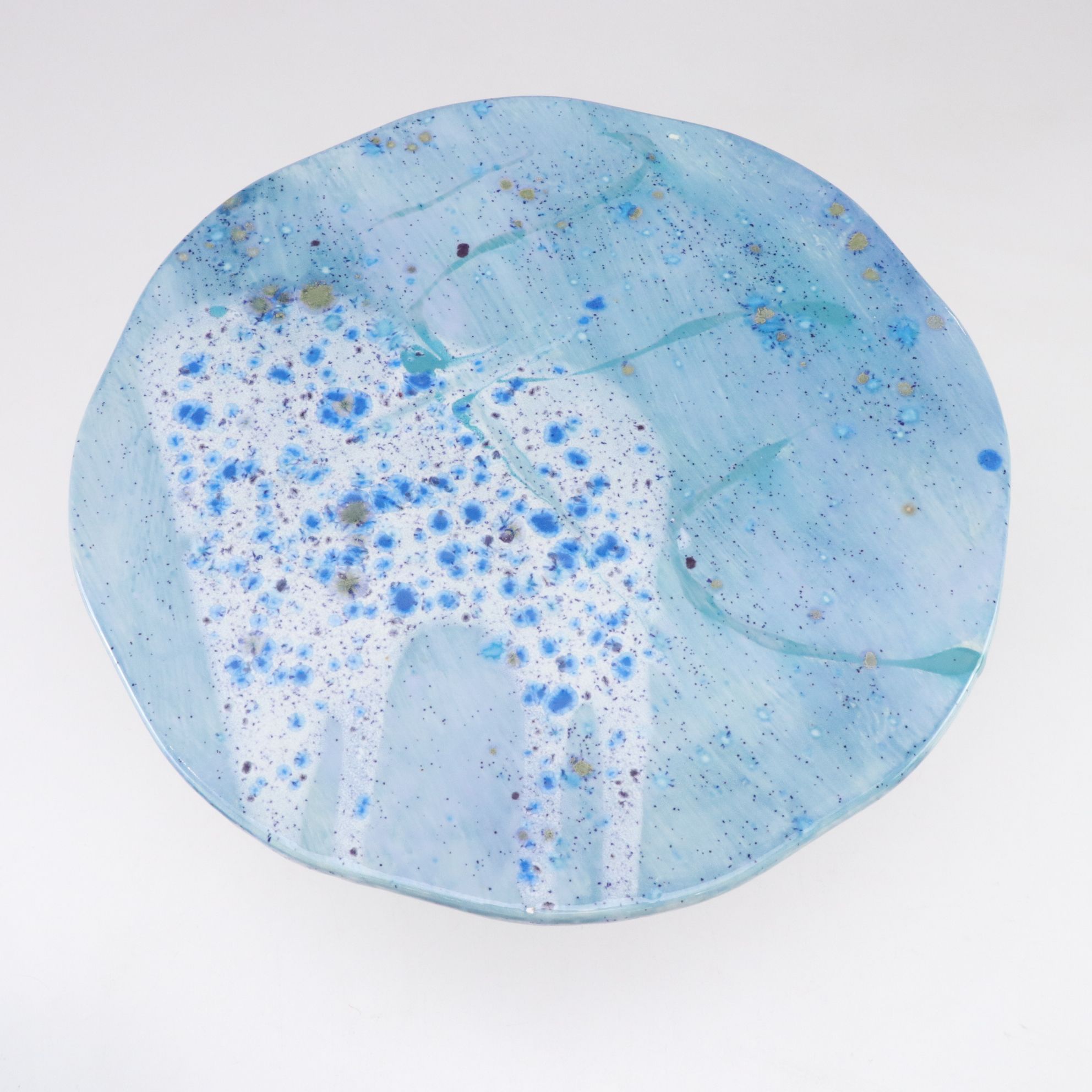 Splatter Glaze Cake Stand with Woven Wire Basket and Studio Pottery Bowl