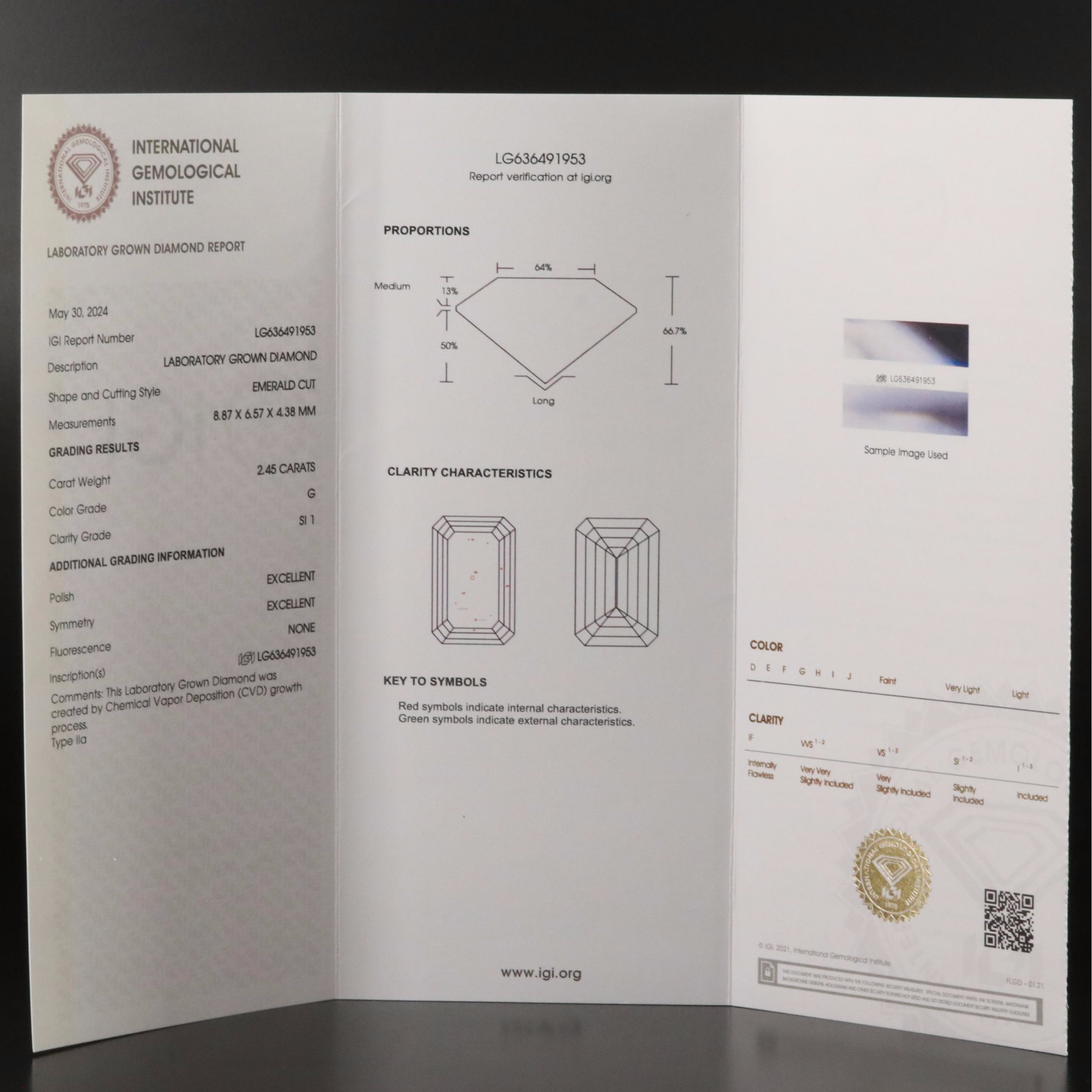 Loose 2.45 CT Lab Grown Diamond with IGI Report
