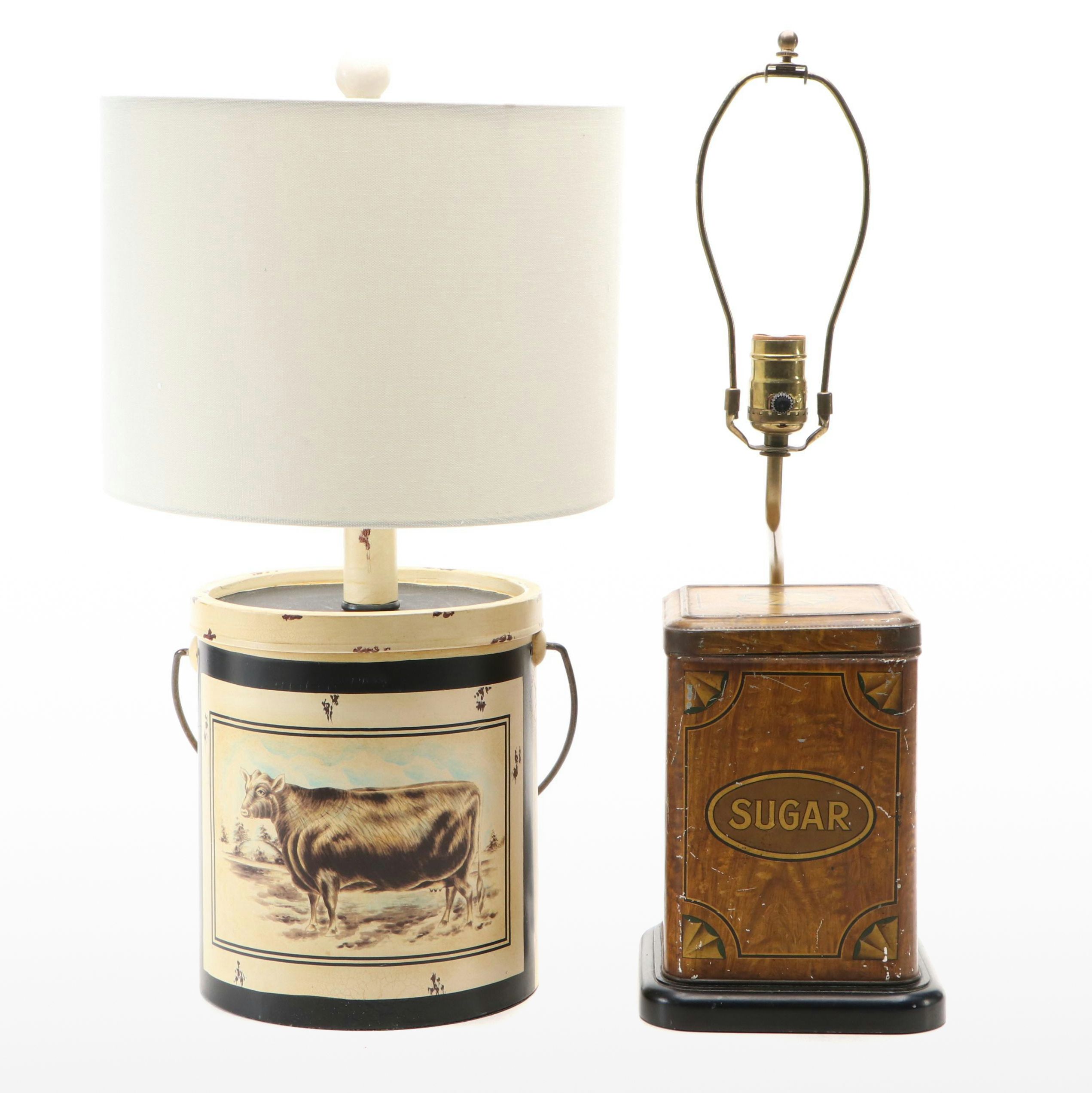 Folk Art Cow Print Bucket and Sugar Tin Canister Table Lamps