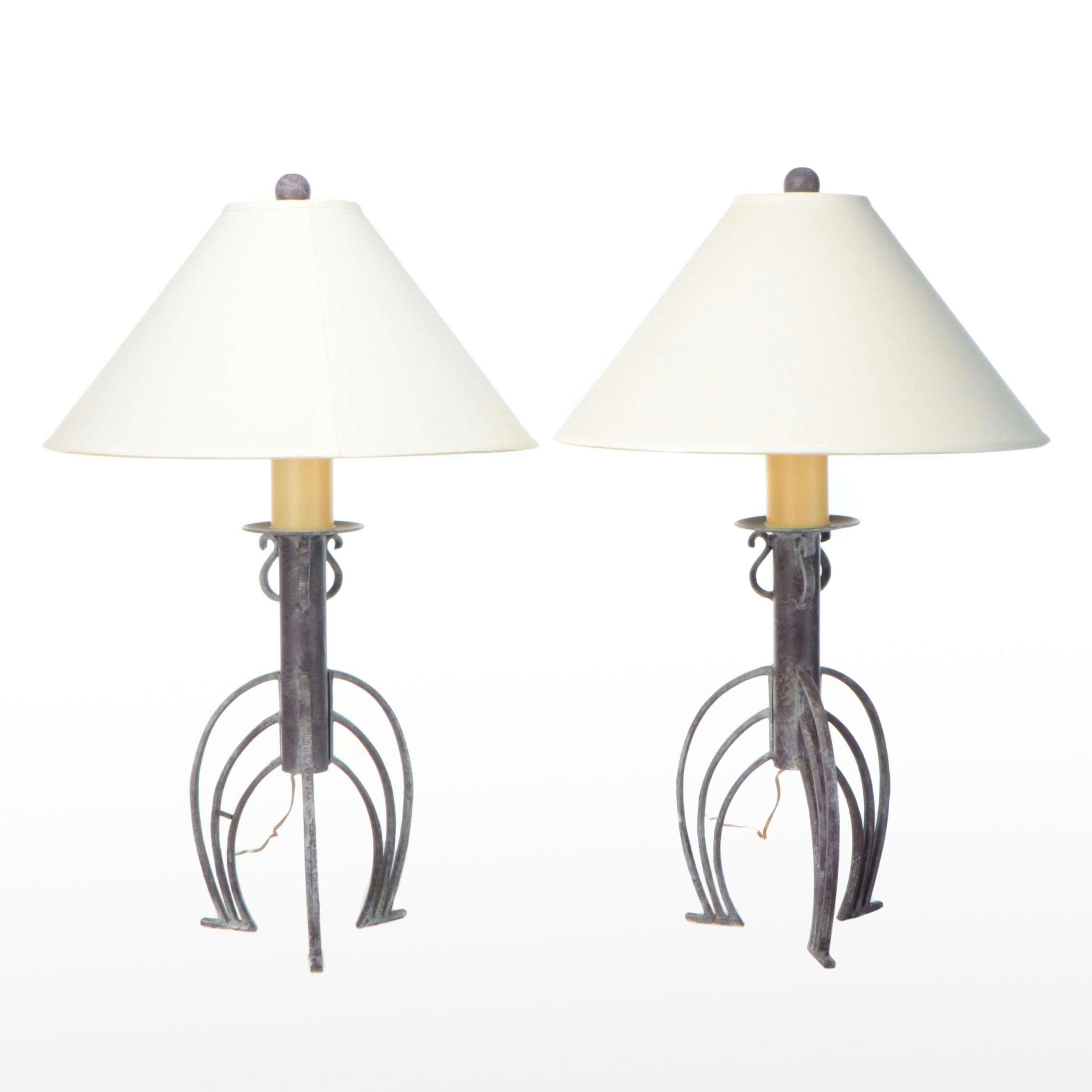 Pair of Benchmade Iron Candlestick Table Lamps with Cotton Shades