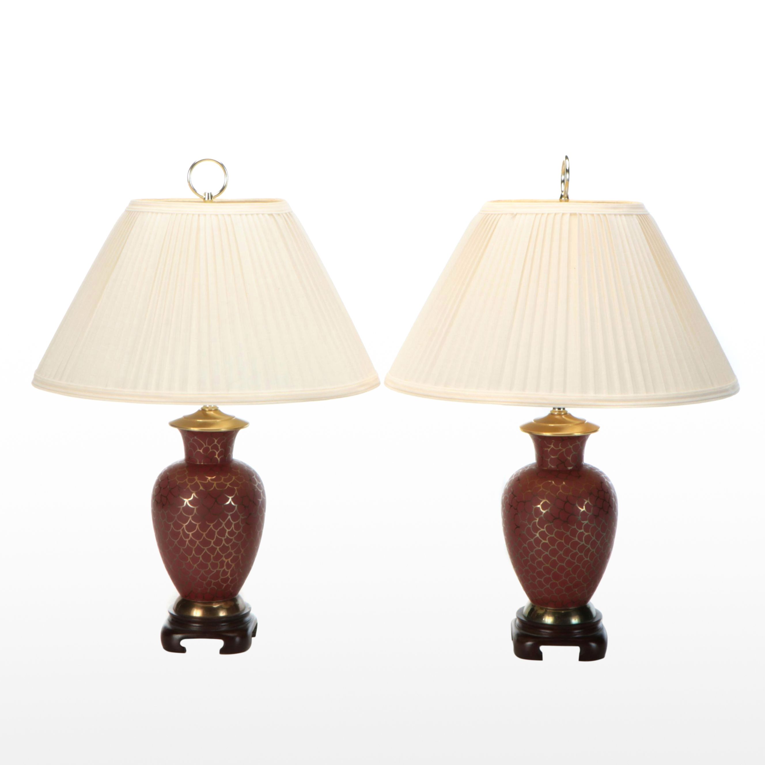 Pair of Burgundy With Gold Painted Vase Table Lamps with Pleated Shades
