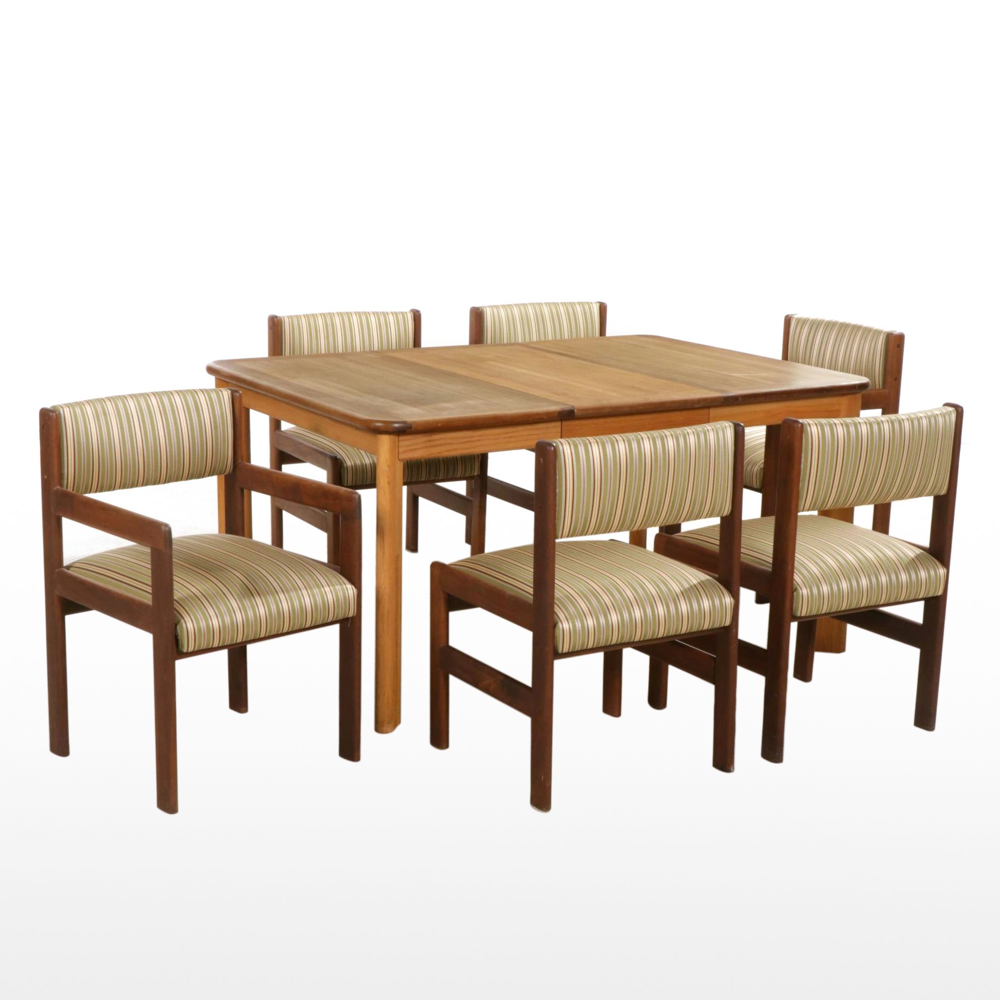 Modernist Walnut and Oak Dining Table with Six Walnut Chairs, Late 20th Century