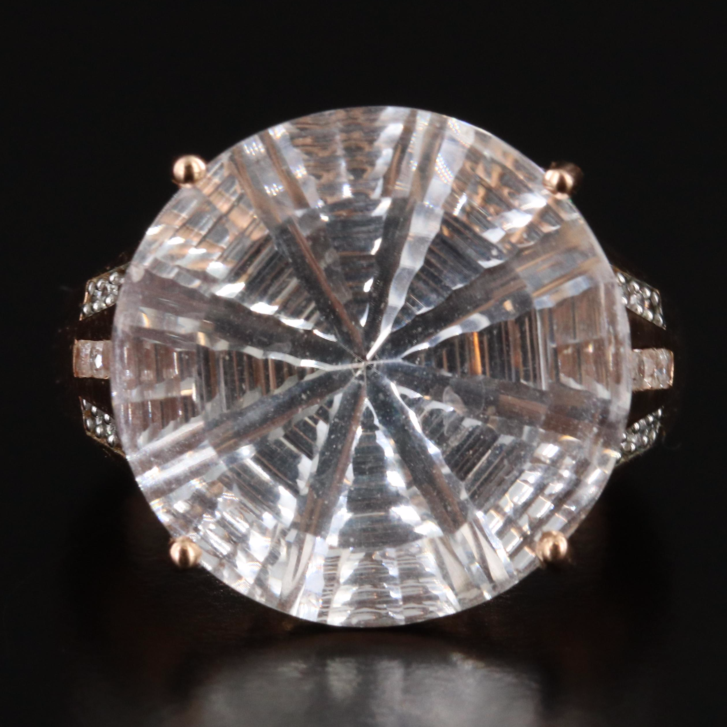 14K Rose Gold 17.37 CT Rock Crystal Quartz and Diamond Ring