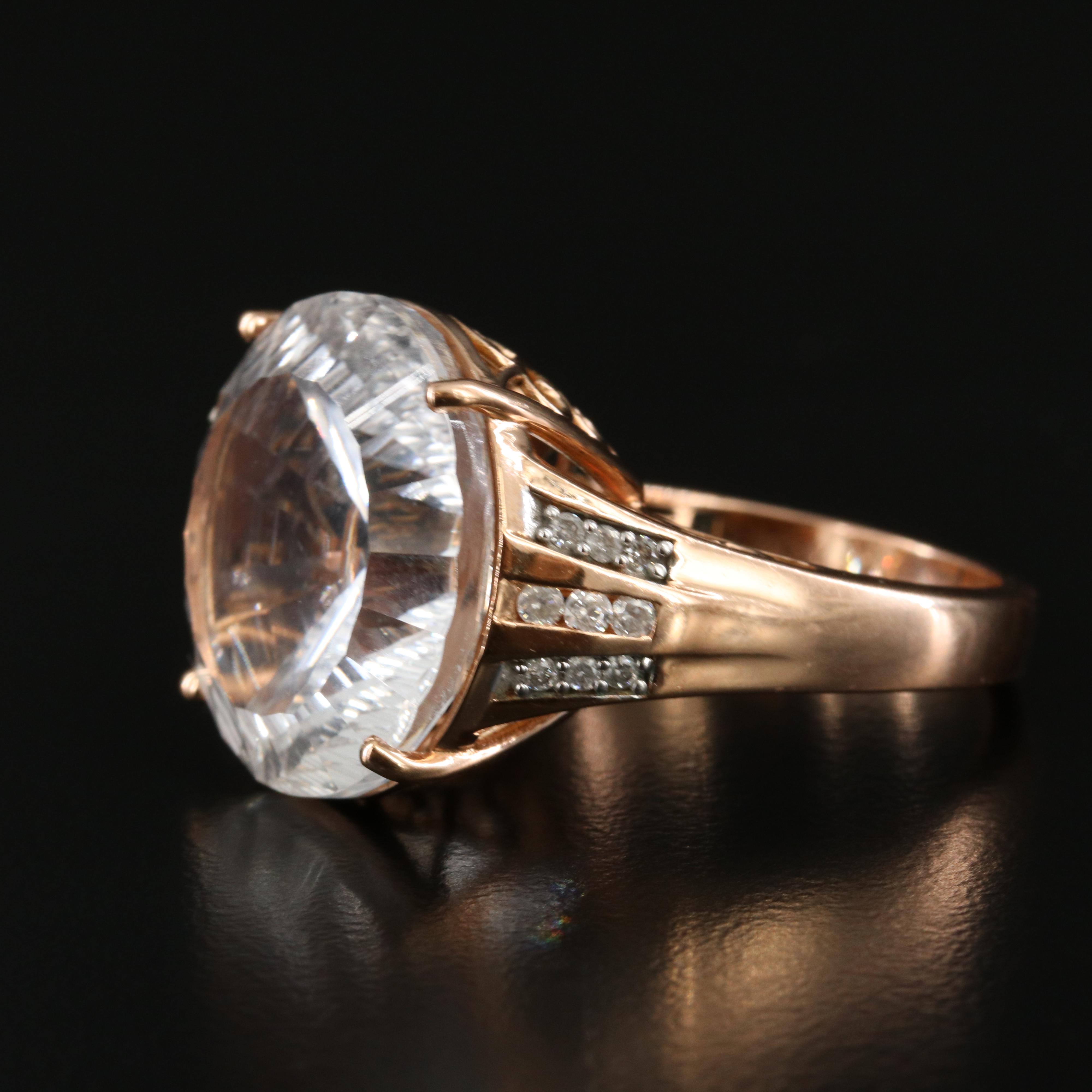 14K Rose Gold 17.37 CT Rock Crystal Quartz and Diamond Ring