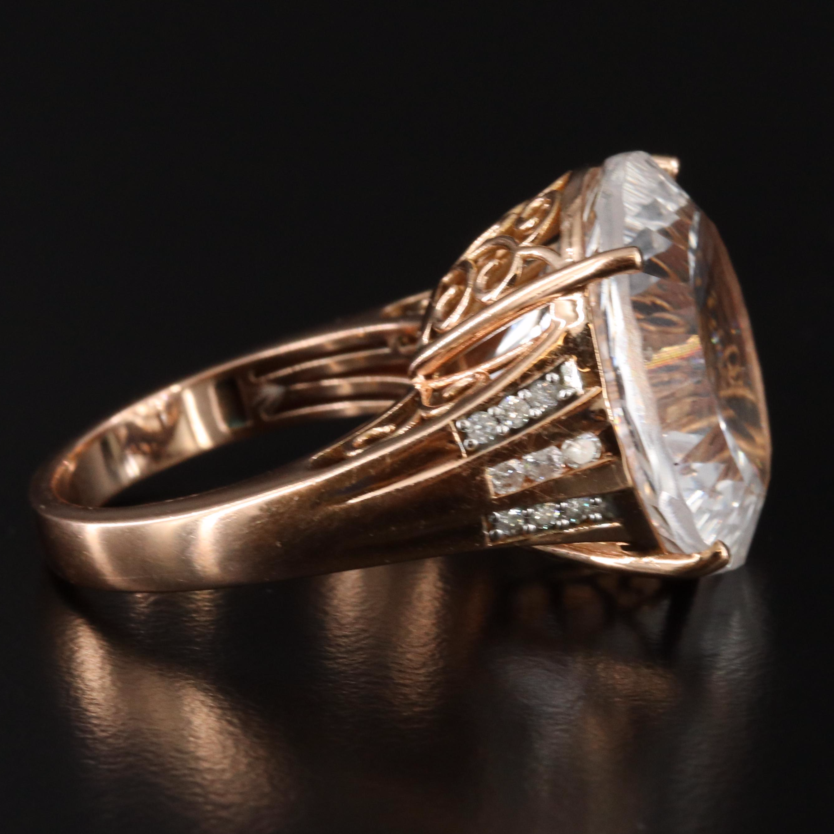14K Rose Gold 17.37 CT Rock Crystal Quartz and Diamond Ring