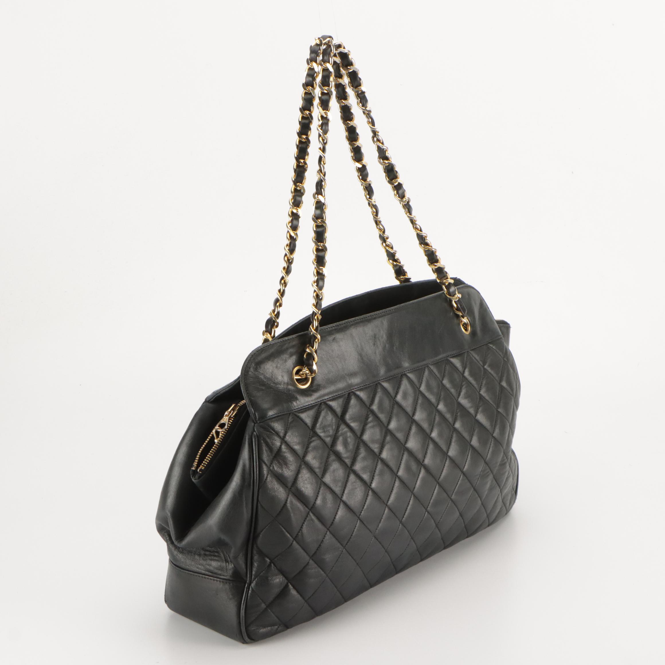 Chanel Large Chain Strap Shoulder Bag in Navy Blue Matelassé Lambskin Leather