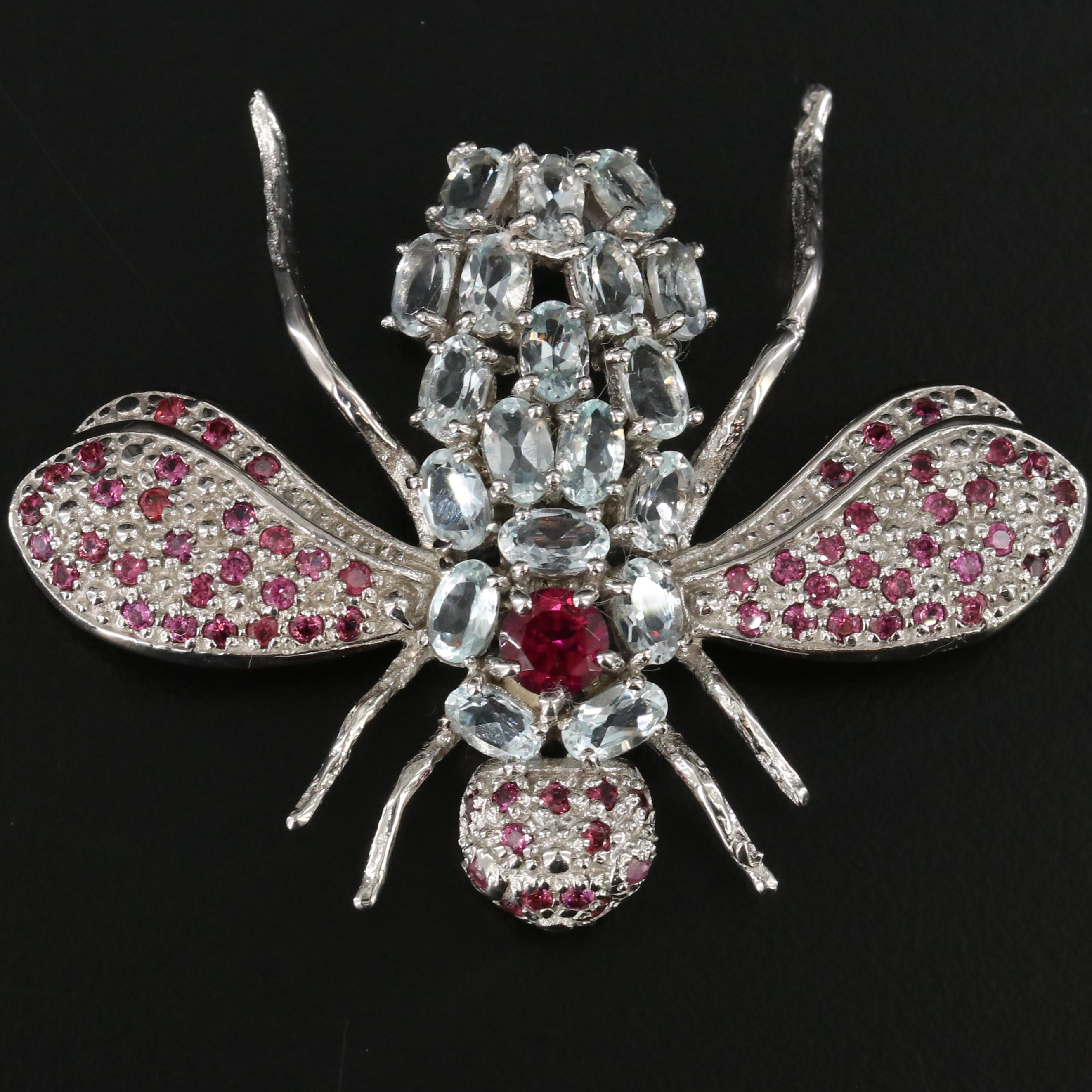 Sterling Garnet and Beryl Flying Insect Brooch