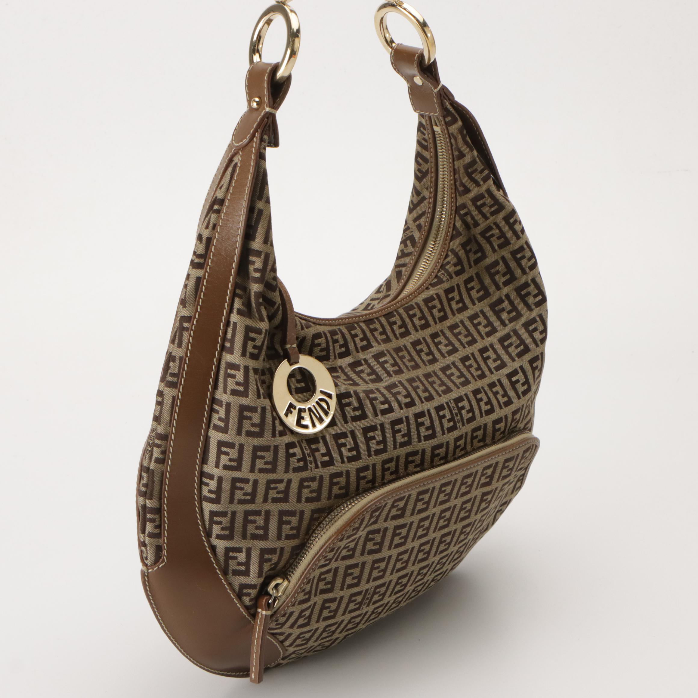 Fendi Front Pocket Hobo Shoulder Bag in Zucchino Jacquard Canvas and Leather