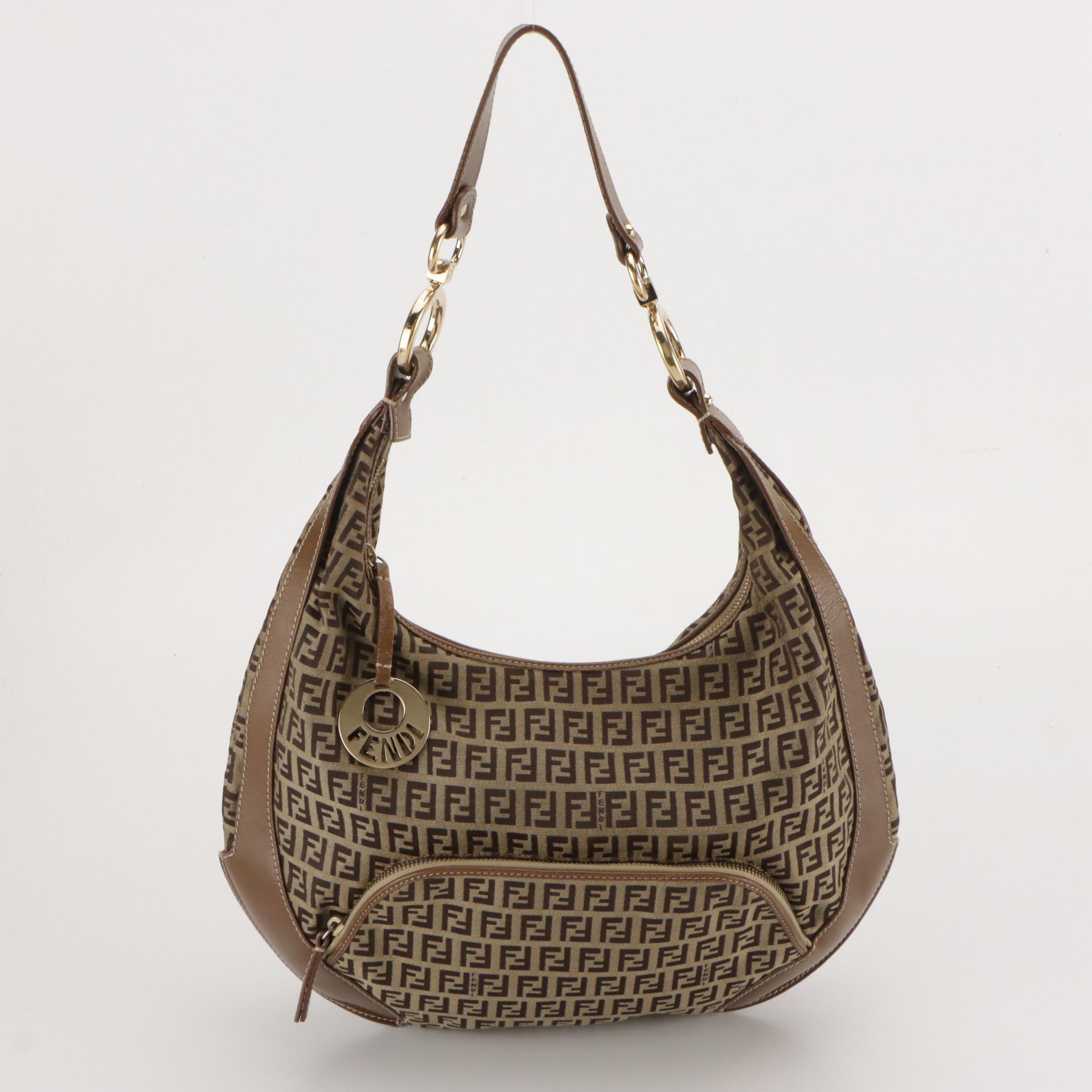 Fendi Front Pocket Hobo Shoulder Bag in Zucchino Jacquard Canvas and Leather